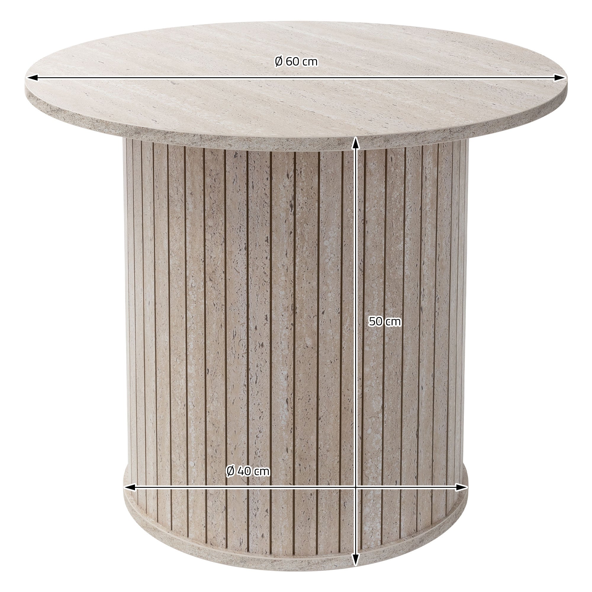 Table ronde avec un diamètre de 60 cm et une hauteur de 50 cm.