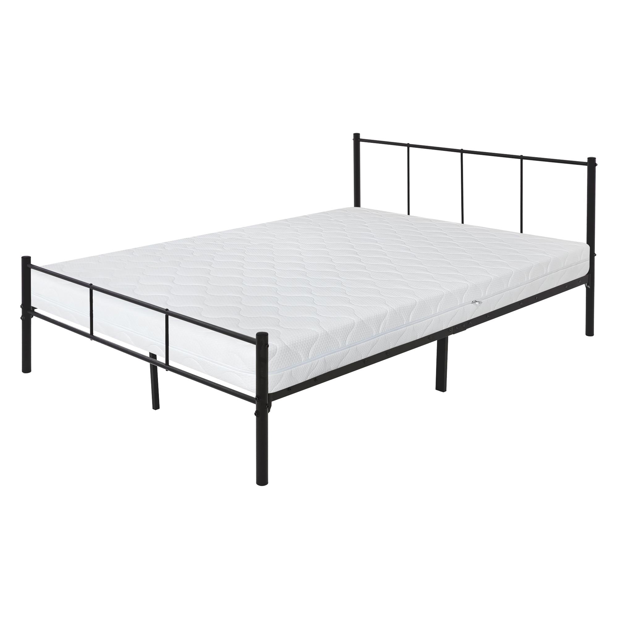 Doppelbett mit schwarzem Metallrahmen und Matratze.