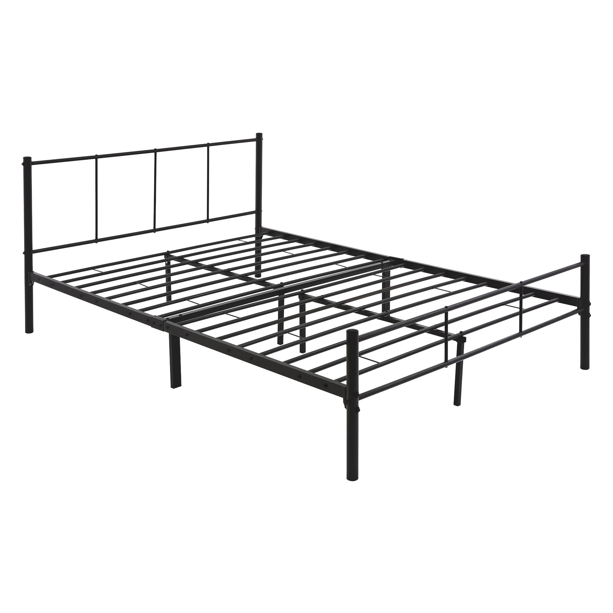 Letto matrimoniale con telaio in metallo nero e rete a doghe.