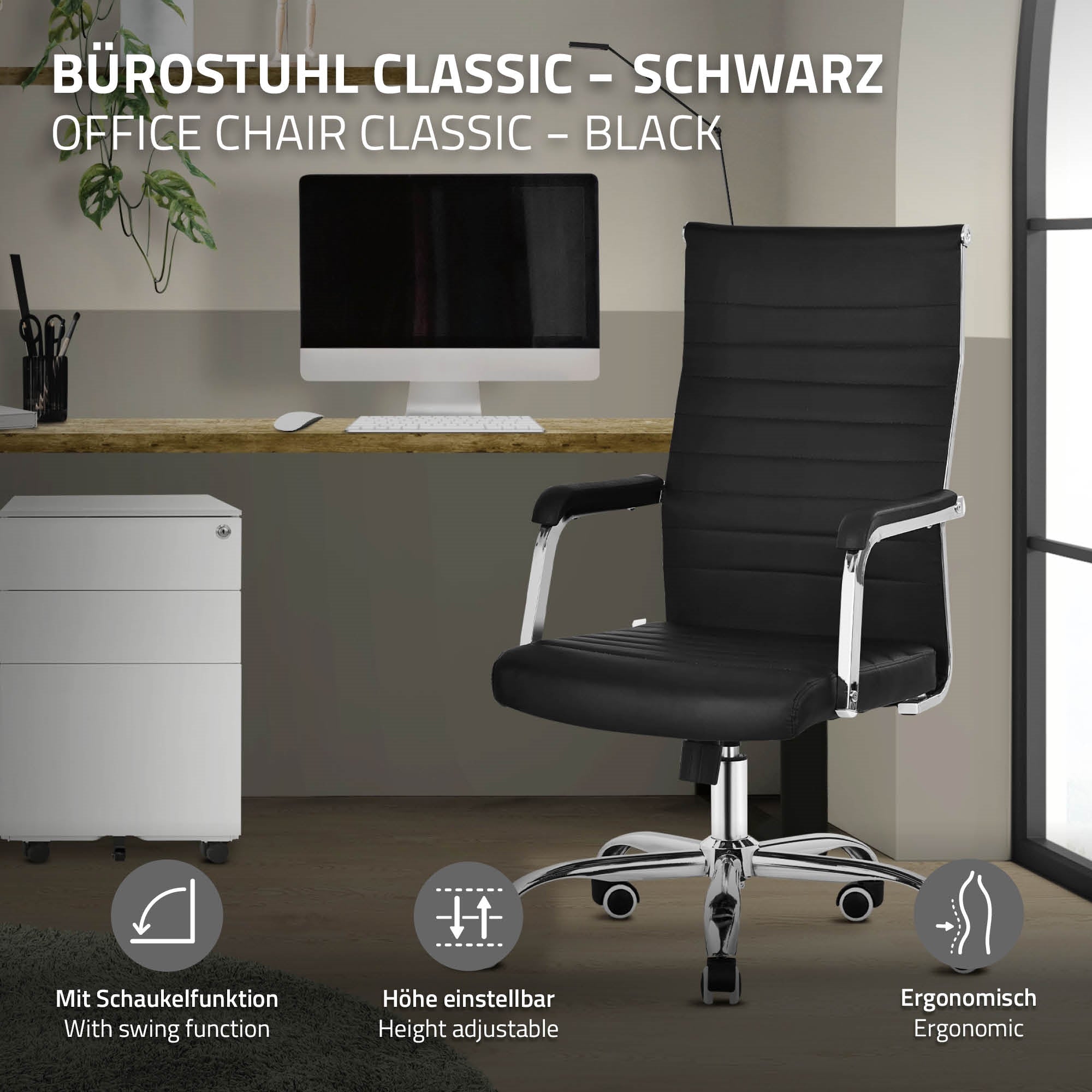 Ein schwarzer Bürostuhl vor einem Computer und einem weißen Schrank.