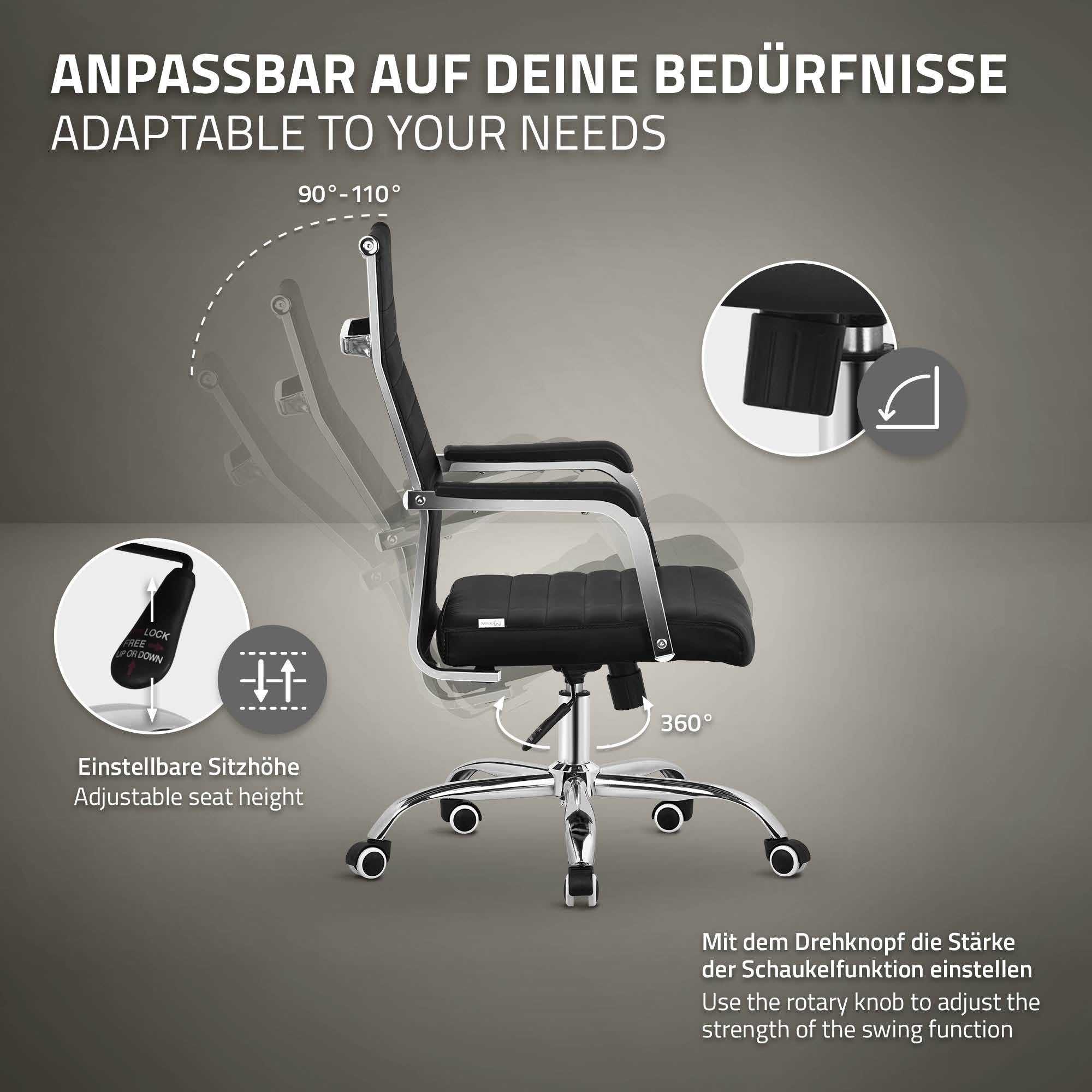Bürostuhl mit verstellbarer Sitzhöhe und Drehmechanismus.