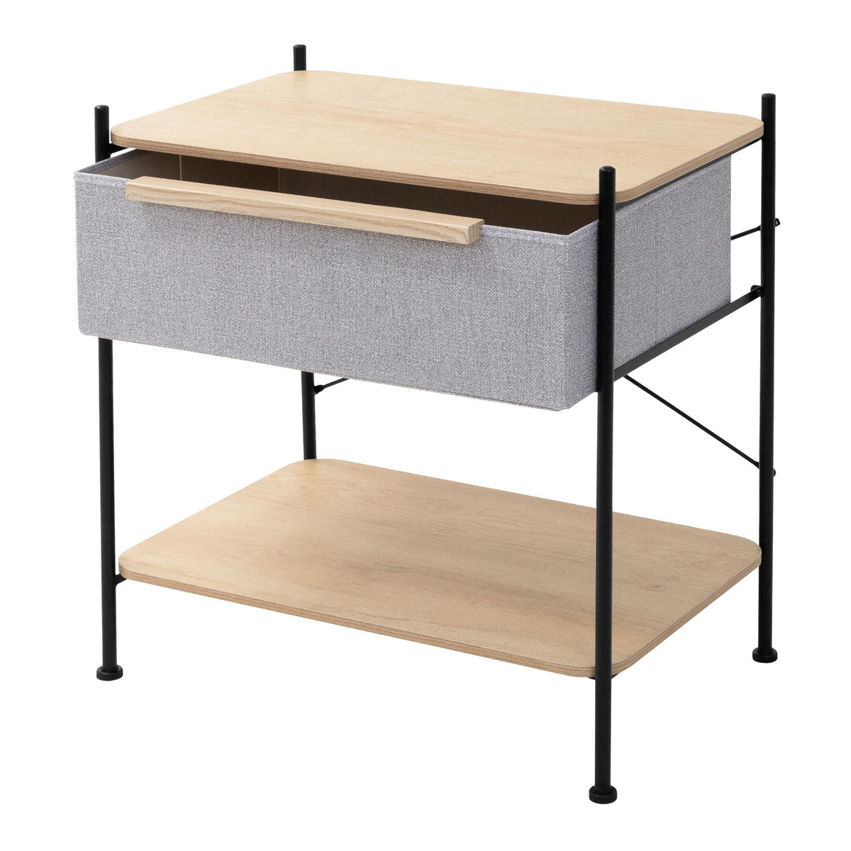 A shelving unit with a drawer and a wooden shelf.