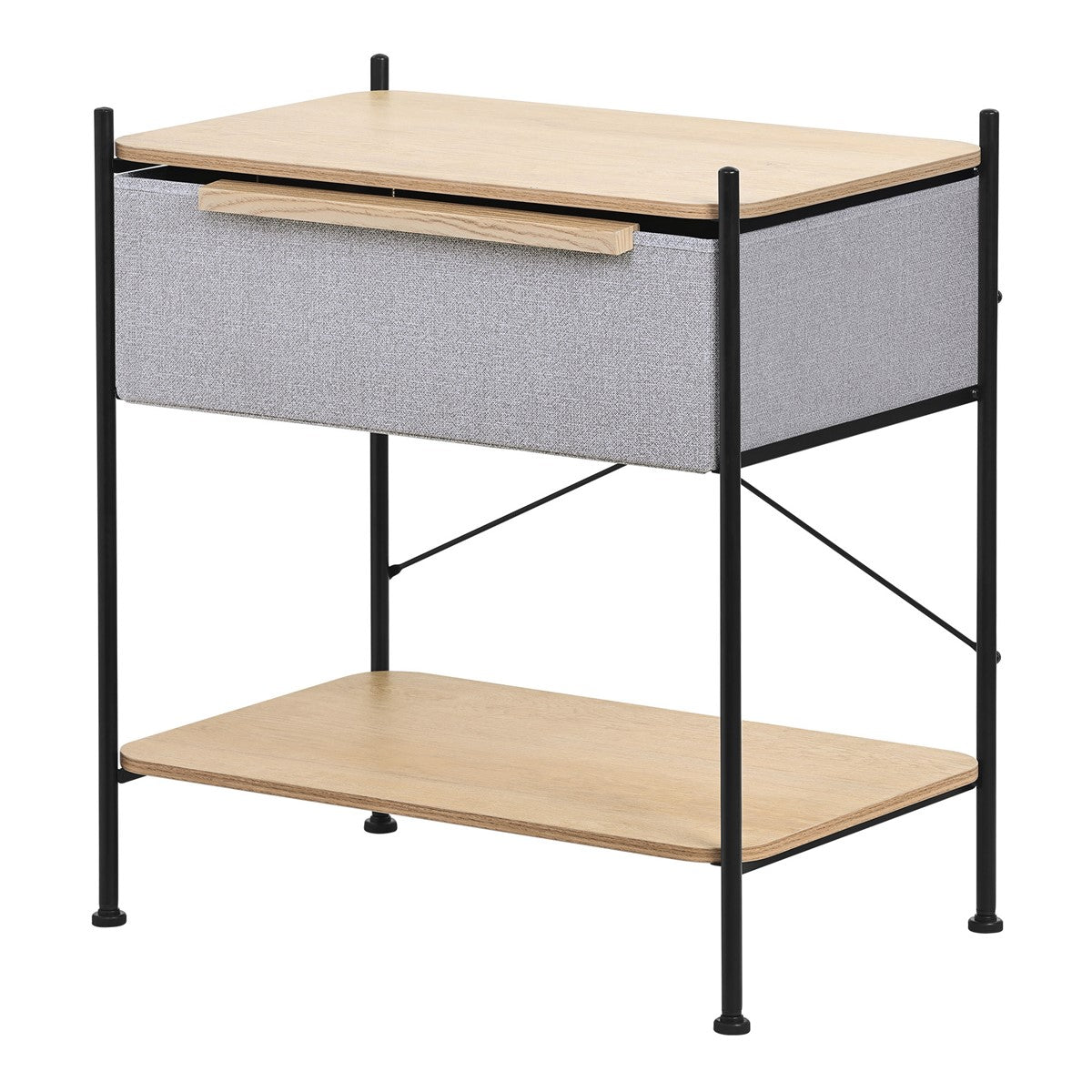 Gray bedside table with one drawer and an open shelf.