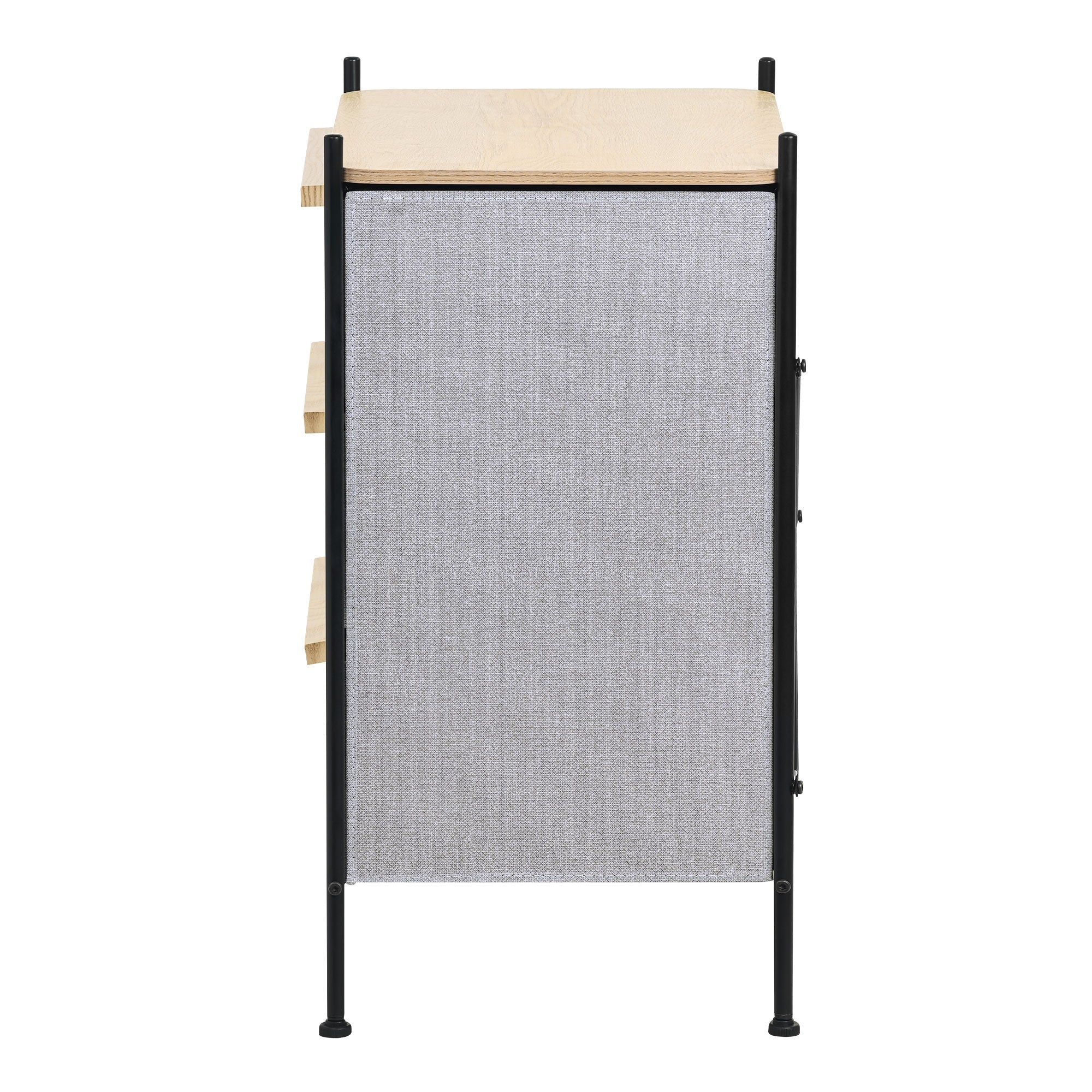 Side view of a shelf with three drawers and a gray fabric insert.