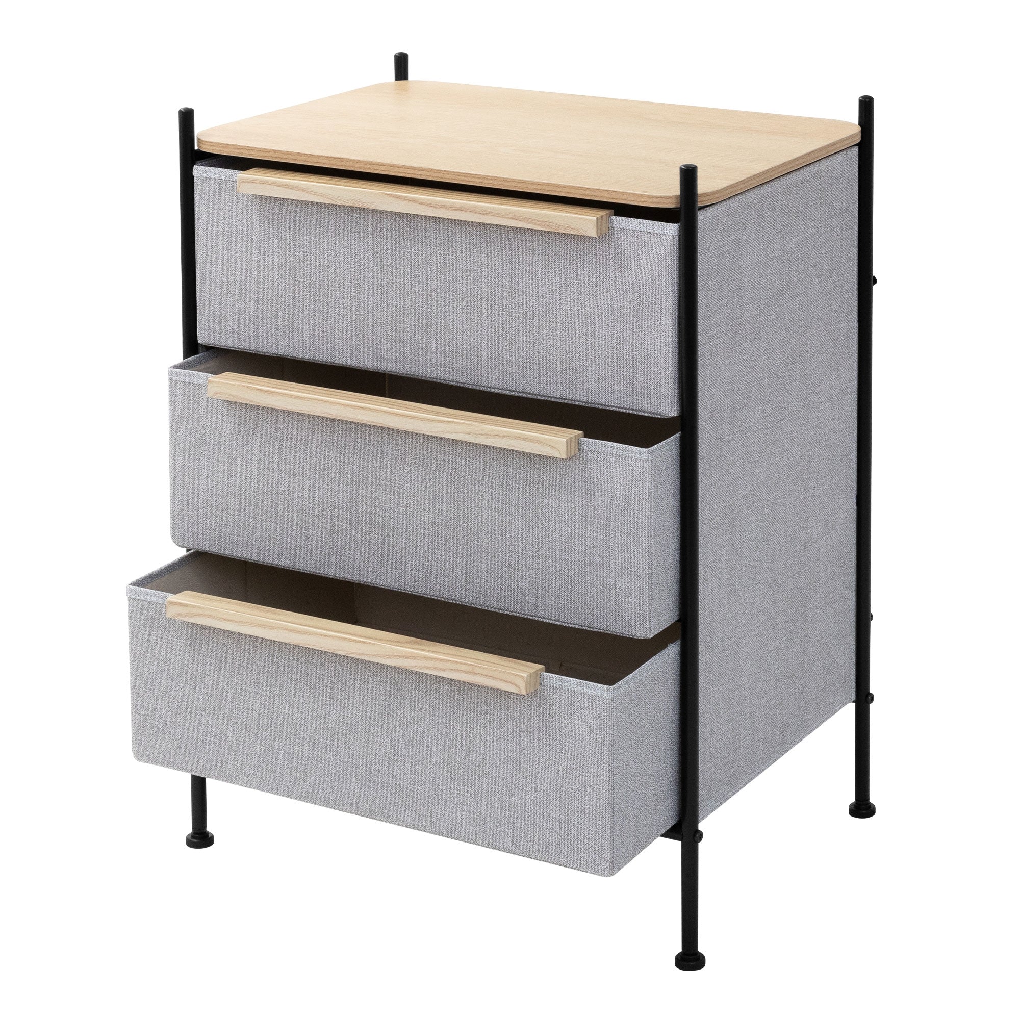 Gray nightstand with three drawers and a wooden surface.