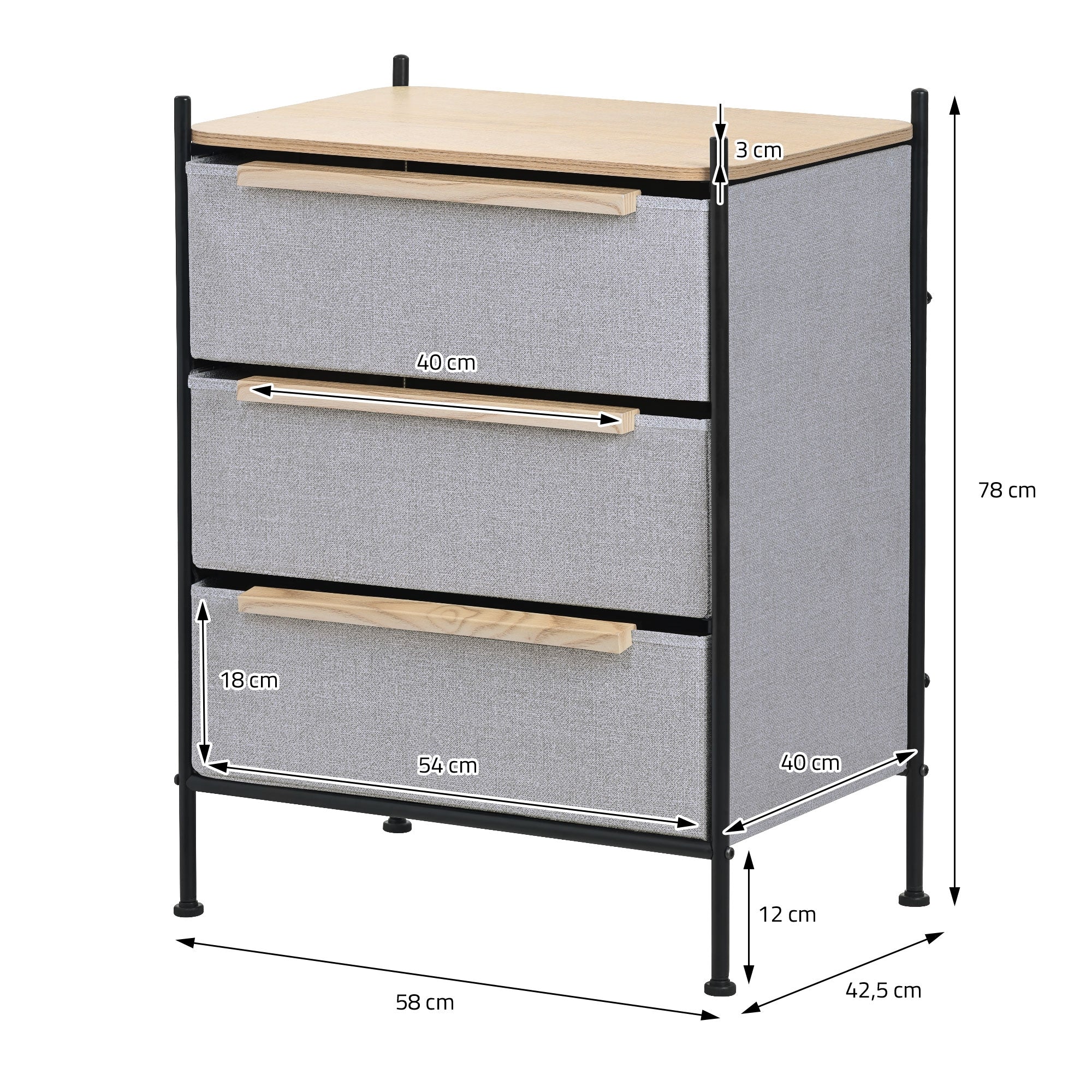 Drawer chest with three drawers, dimensions and details depicted.
