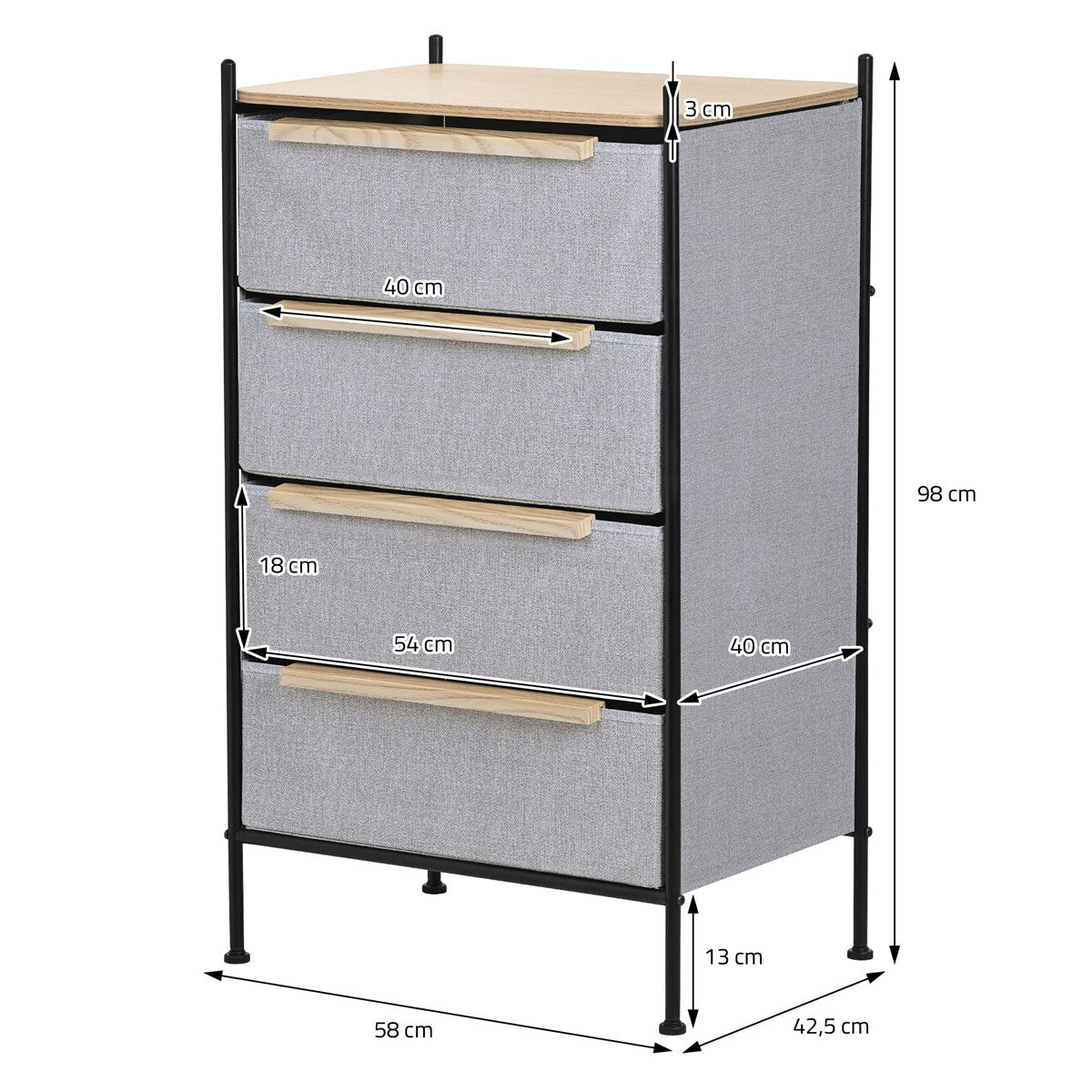 Komoda s tromi zásuvkami, vysoká 98 cm a široká 58 cm.