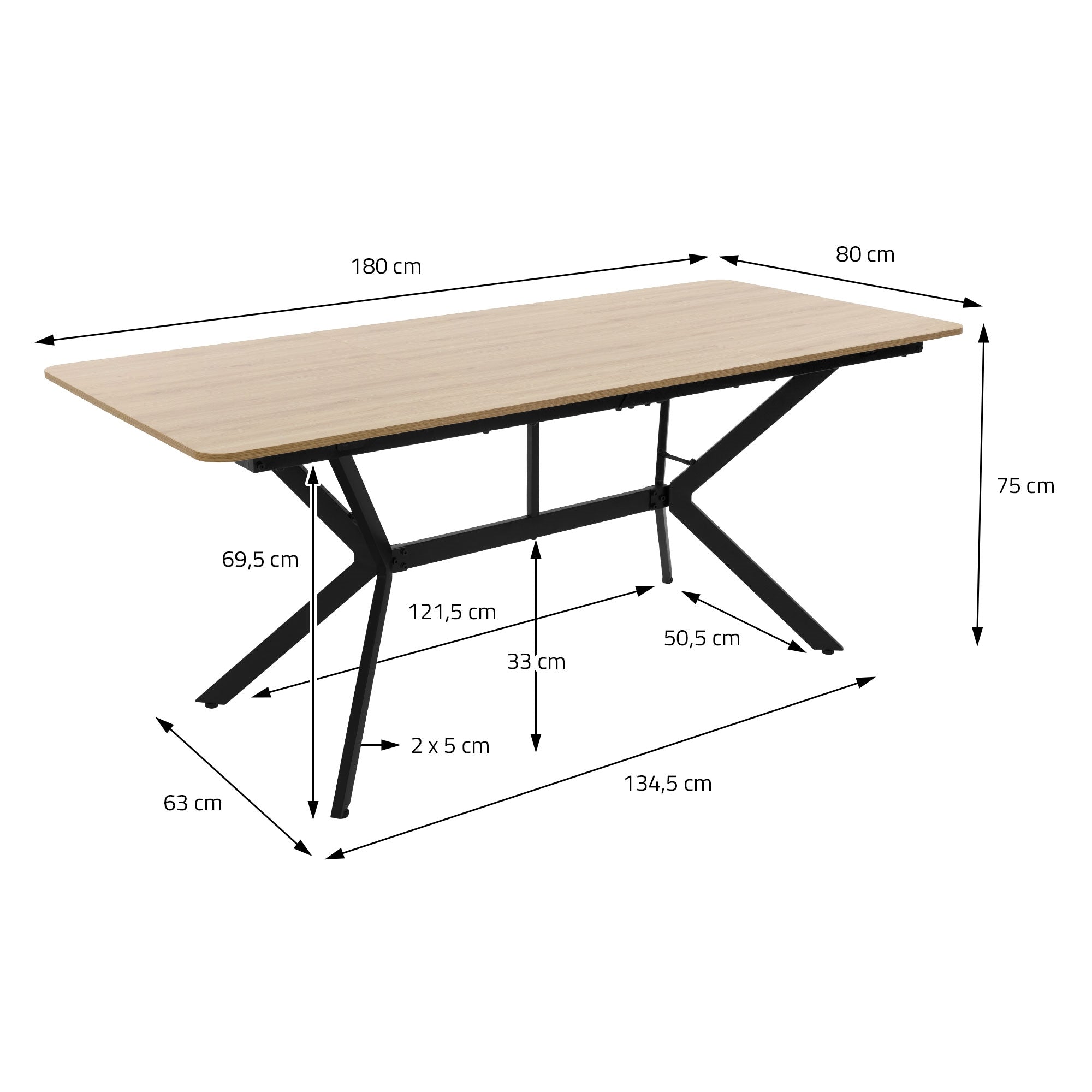 Træbord med mål: 180 cm x 80 cm, 75 cm højt, på sort stel.