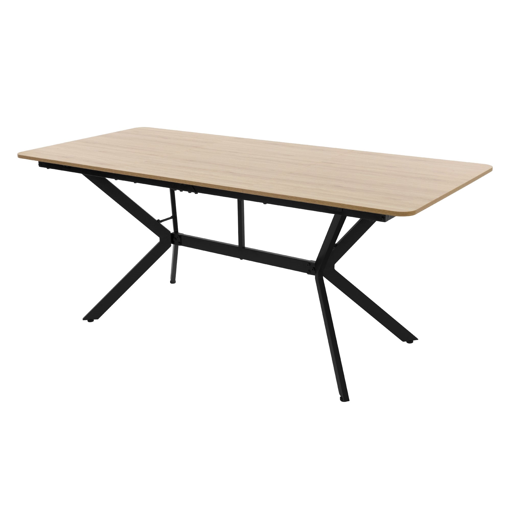 Wooden table with black frame, taken from the front.