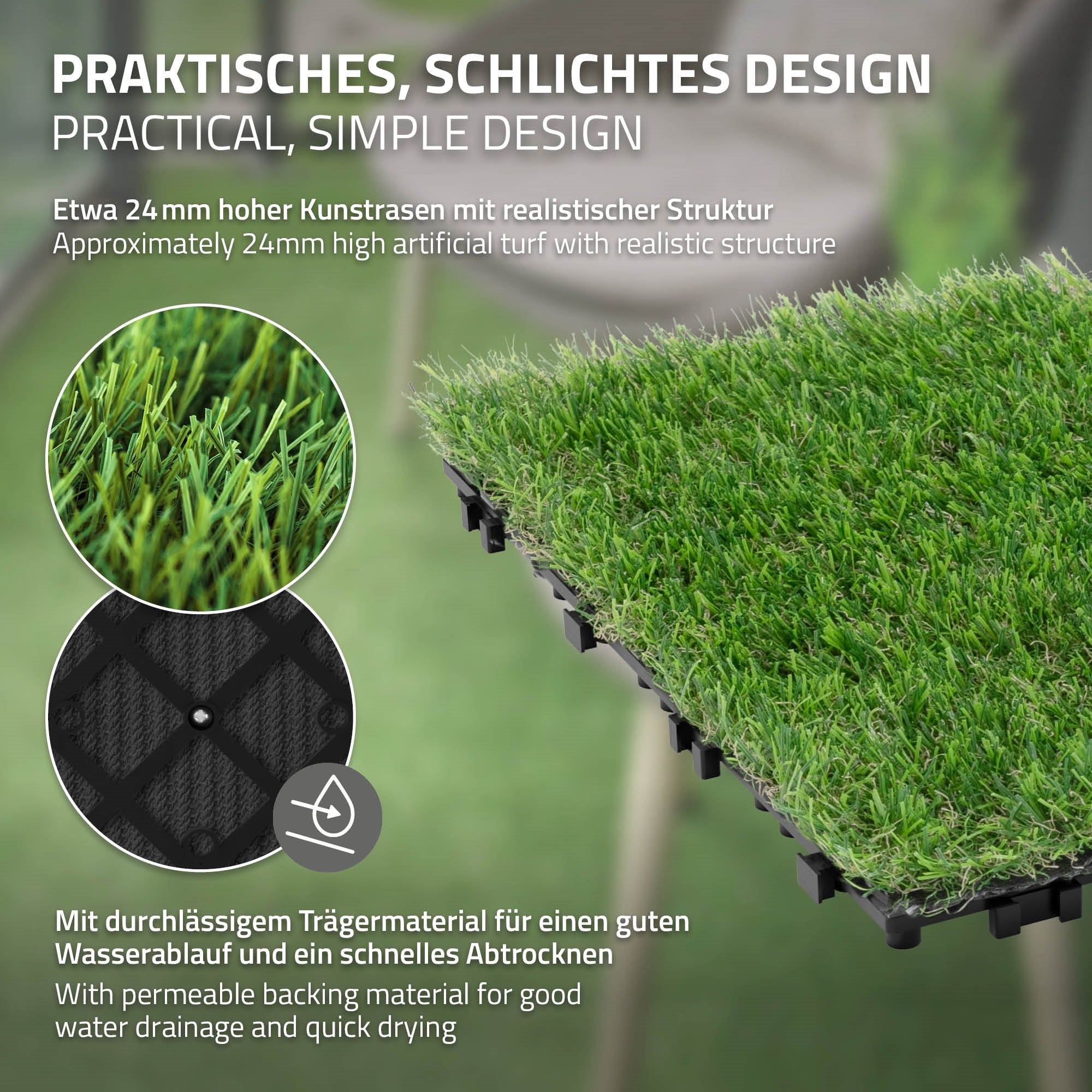 Kunststoffrasen mit realistischer Struktur, 24 mm hoch, auf schwarzem Trägermaterial.