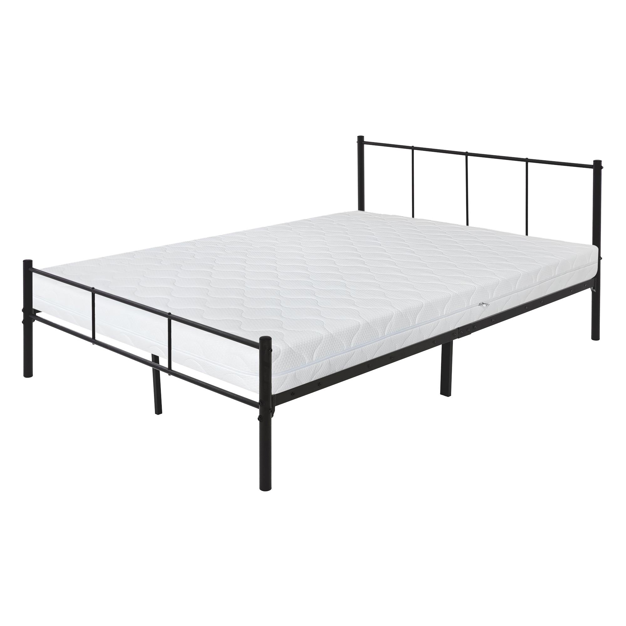 Egy fekete ágykeret fehér matraccal a tetején.
