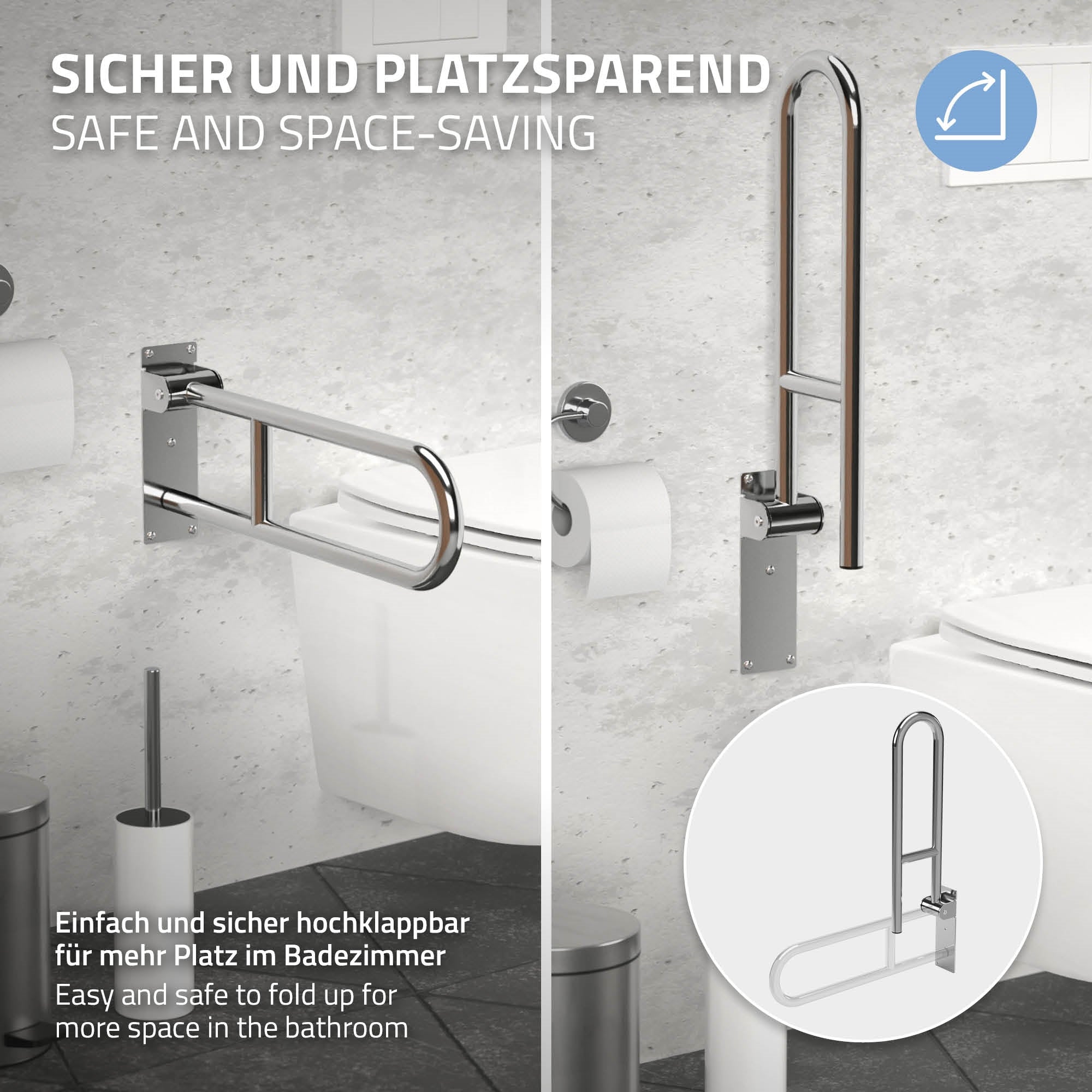 Badezimmer mit klappbarem Haltegriff neben einer Toilette und Toilettenpapierhalter.