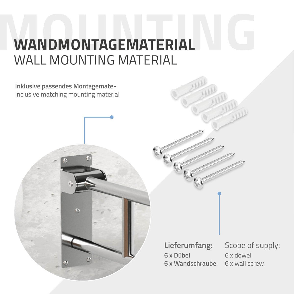 Wandmontagematerial mit Dübel und Schrauben für die Befestigung.