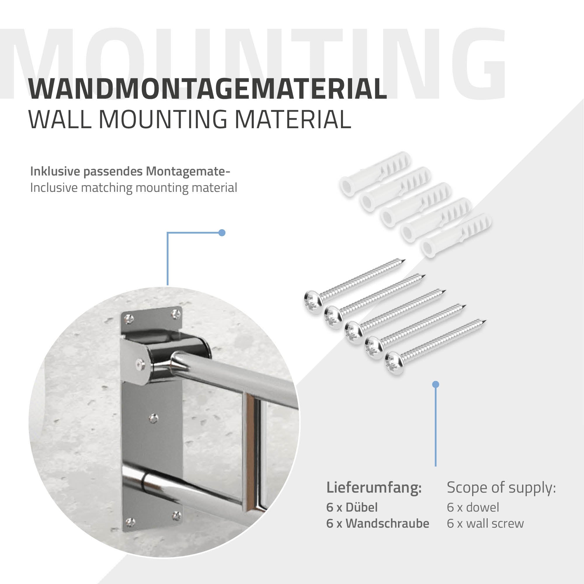 Wandmontagematerial mit Dübel und Schrauben für die Befestigung.
