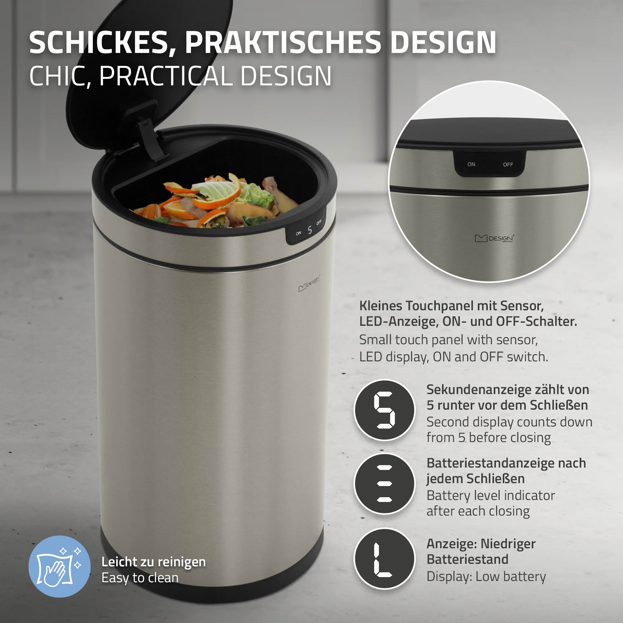 Mülleimer mit LED-Anzeige und Tasten für ON- und OFF-Schalter.