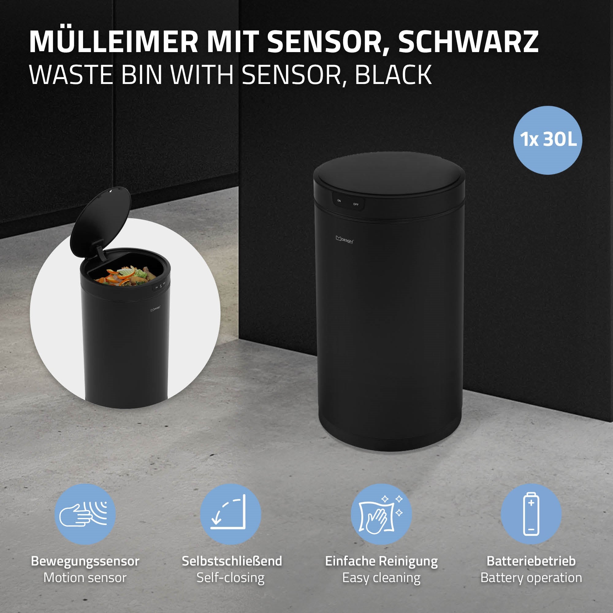 Schwarzer Mülleimer mit Sensor, geschlossen, auf dunklem Hintergrund.