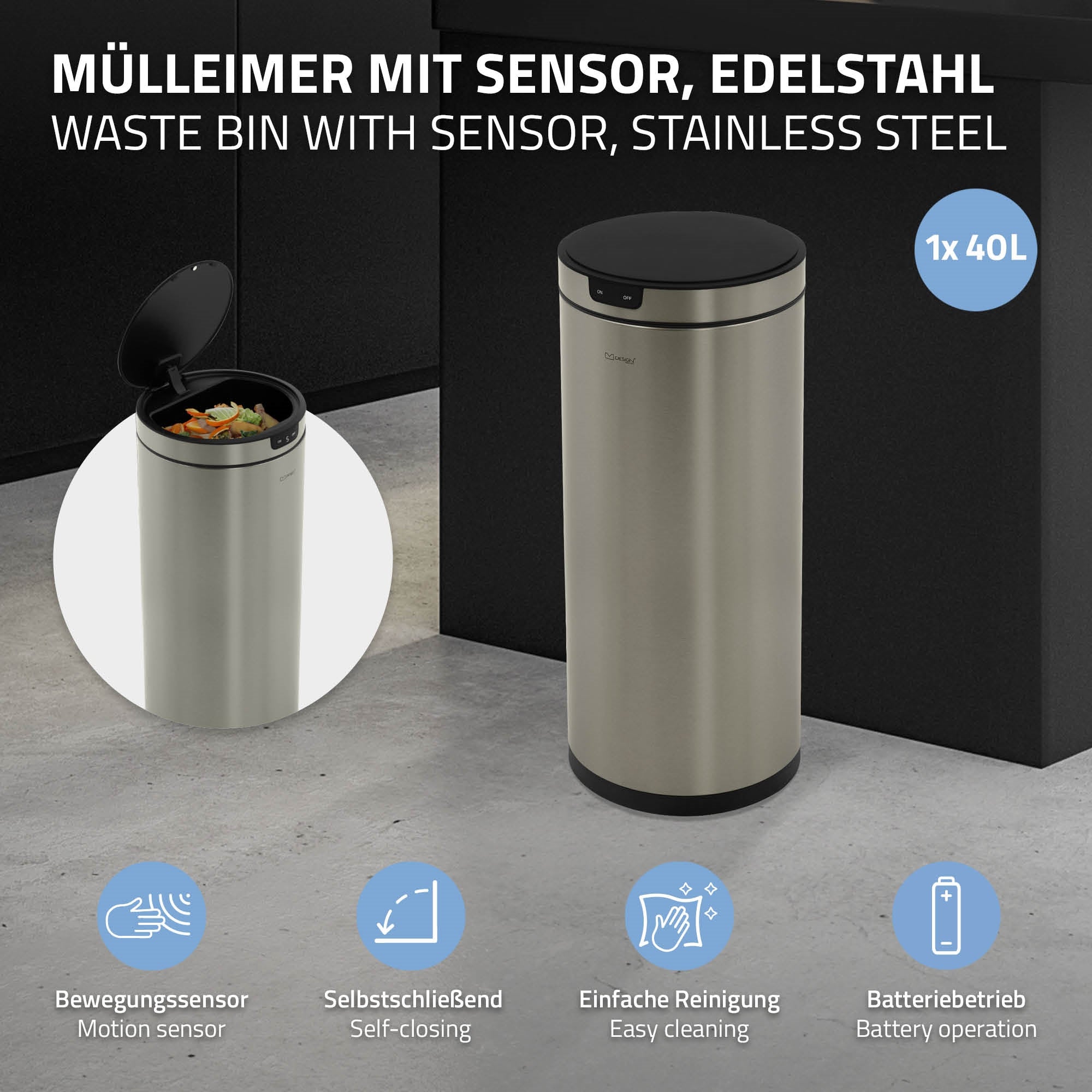 Mülleimer mit Sensor, Edelstahl, zeigt Funktionen und Vorteile.