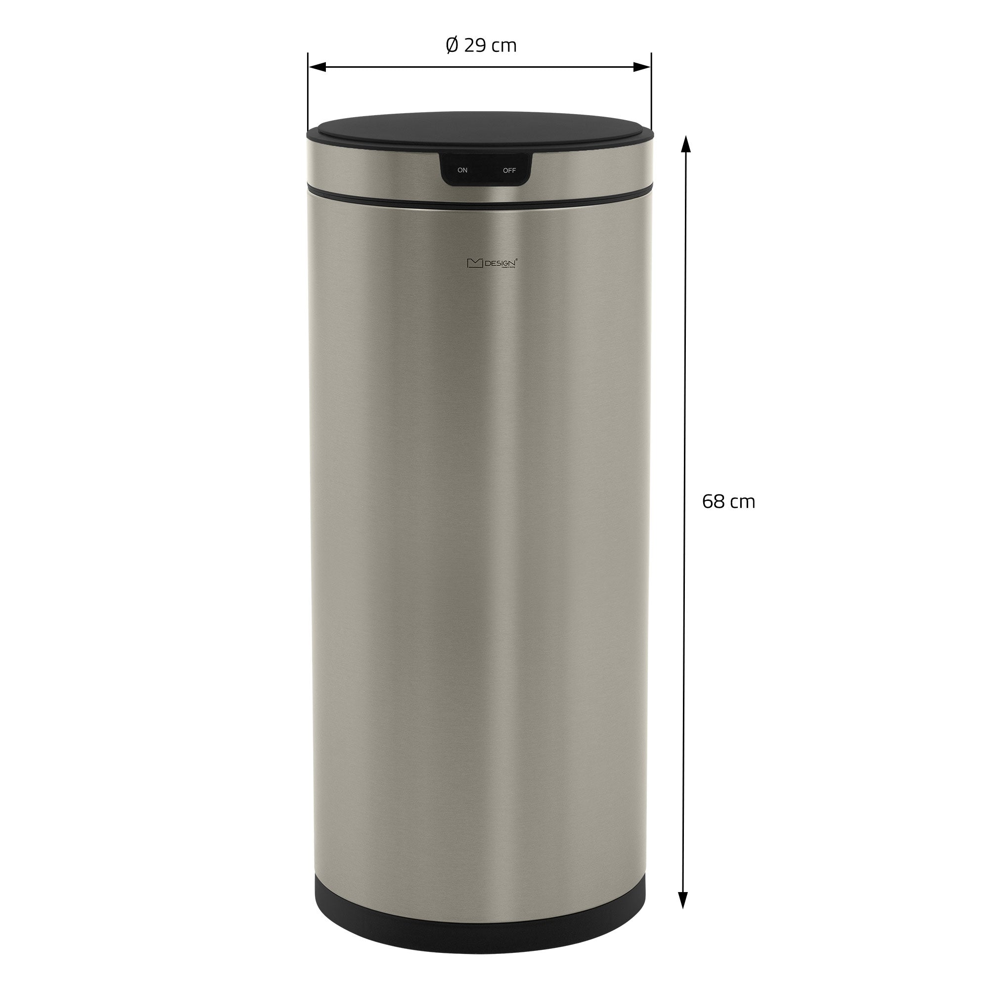Cubos de basura con medidas: diámetro de 29 cm, altura de 68 cm.