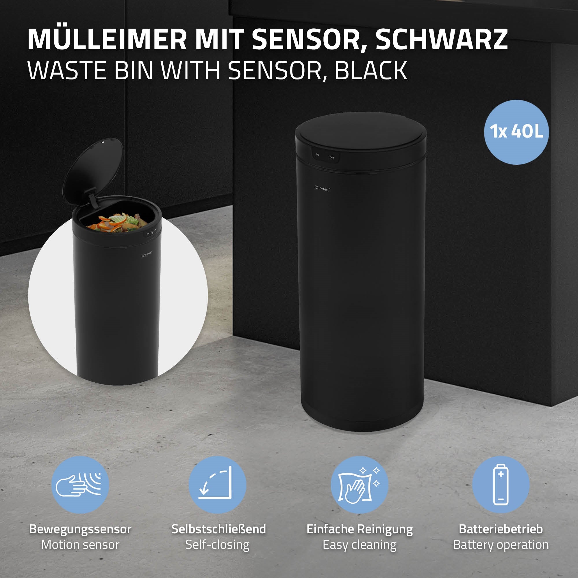 Schwarzer Mülleimer mit Sensor, geöffnet, Inhalt sichtbar.