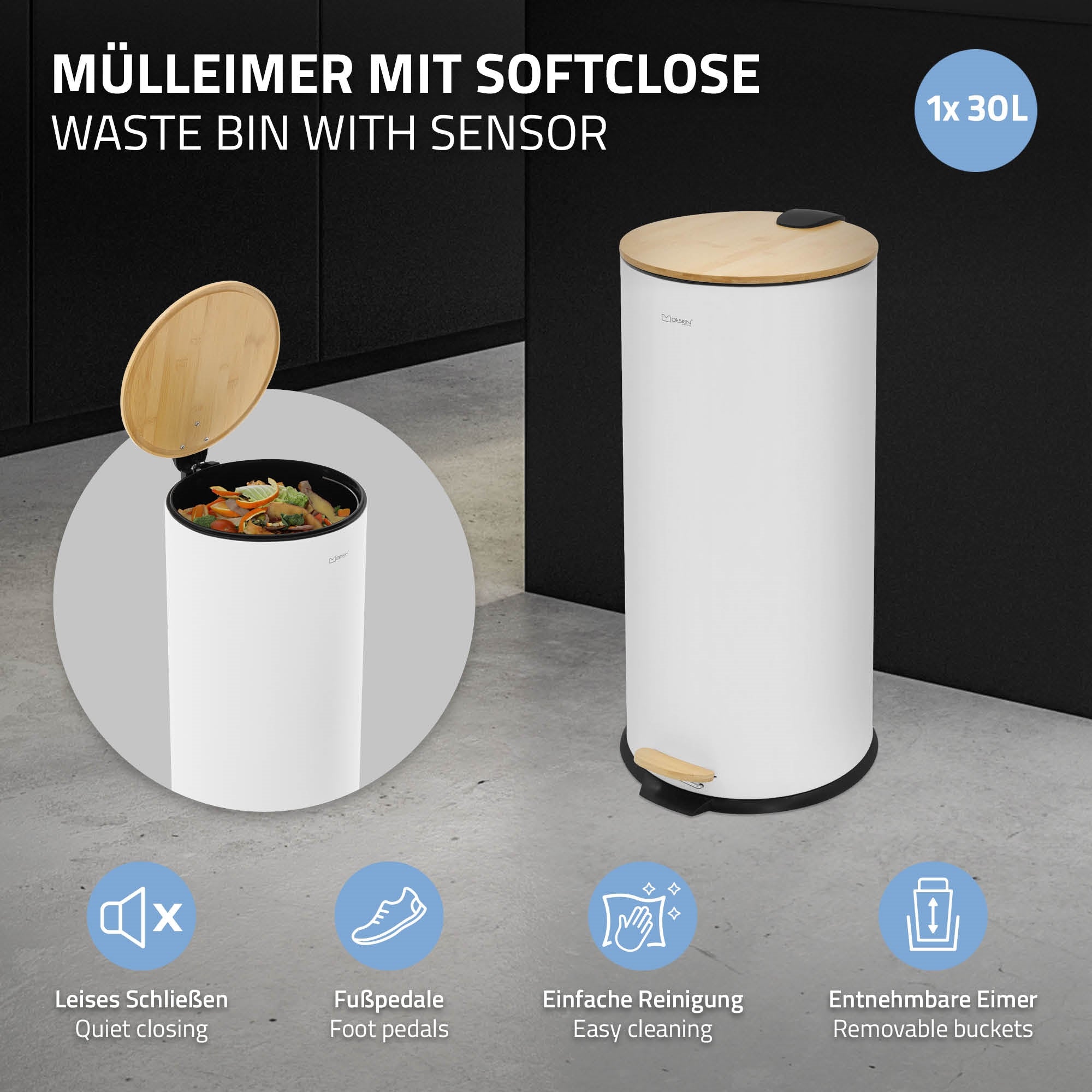 Weißer Mülleimer mit Sensor und Holzdeckel in einer modernen Küche.