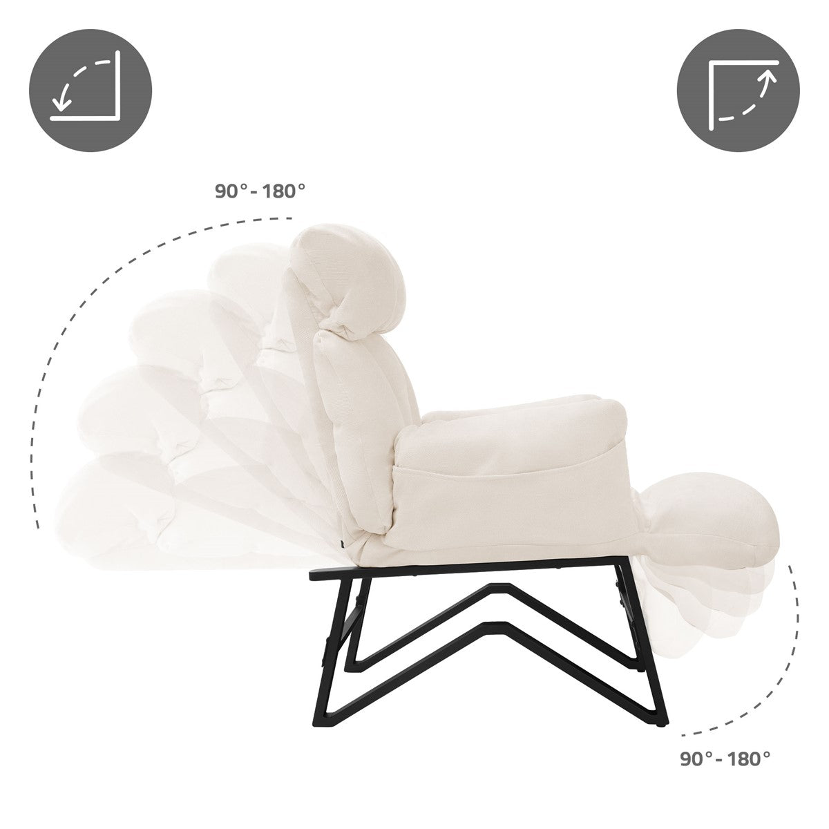 Beige fauteuil met zwart frame, die in verschillende standen achterover kan worden gekanteld.