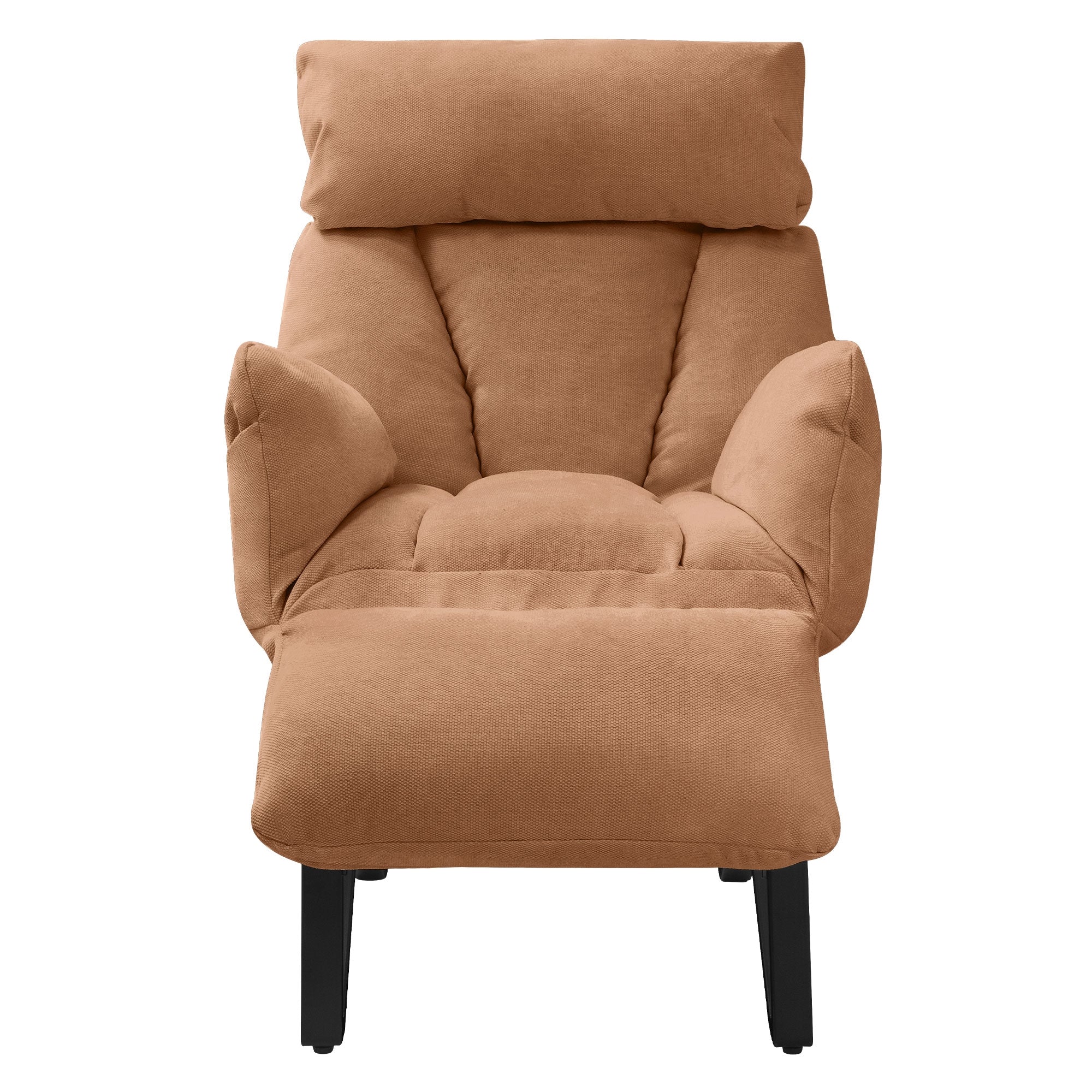 Beige nojatuoli korkeilla käsinojilla ja päänojalla, mustalla rungolla.