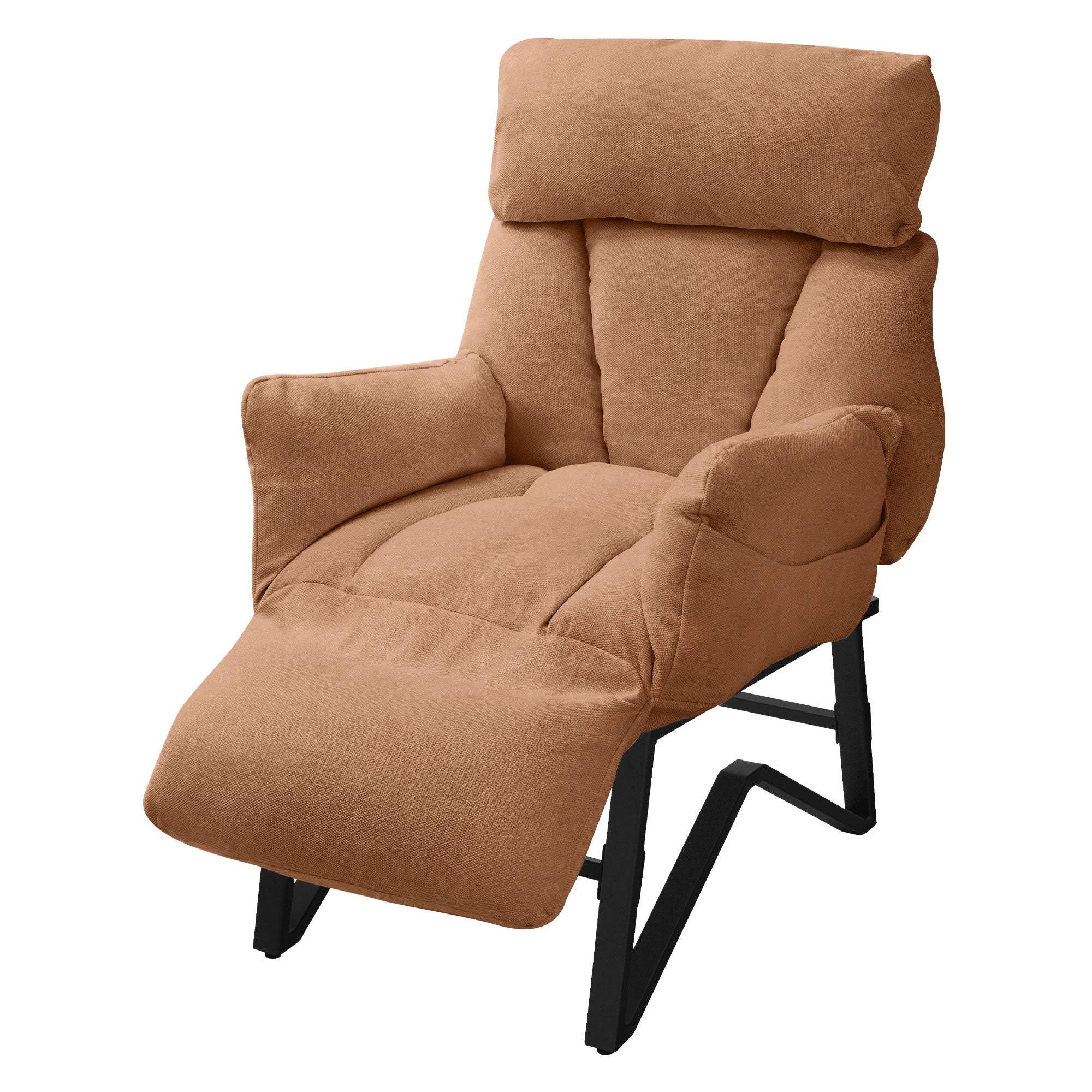 Ein brauner Sessel mit gepolstertem Sitz und Rückenlehne, in entspannter Position.