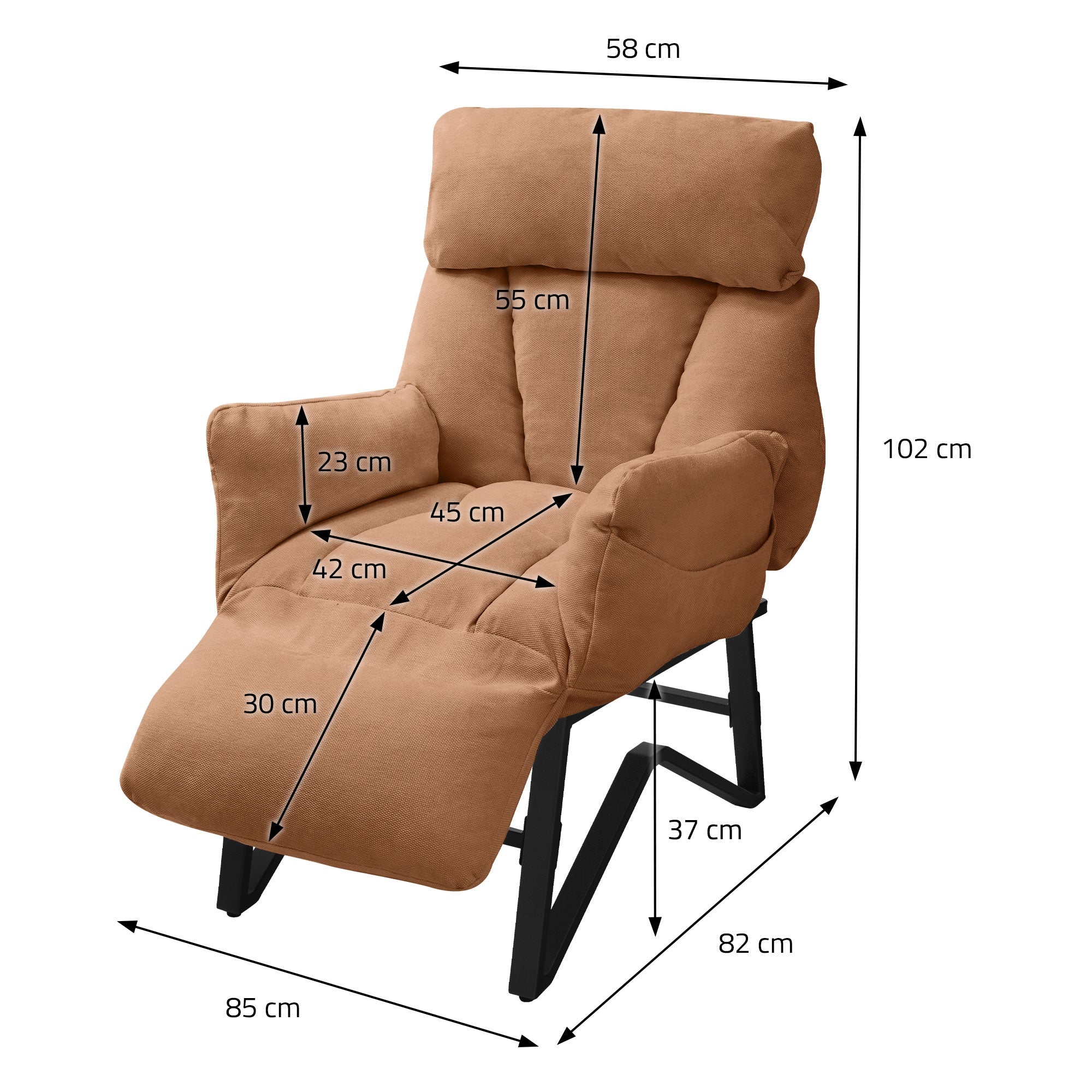 Dibujo de medidas para un sillón con dimensiones en centímetros.