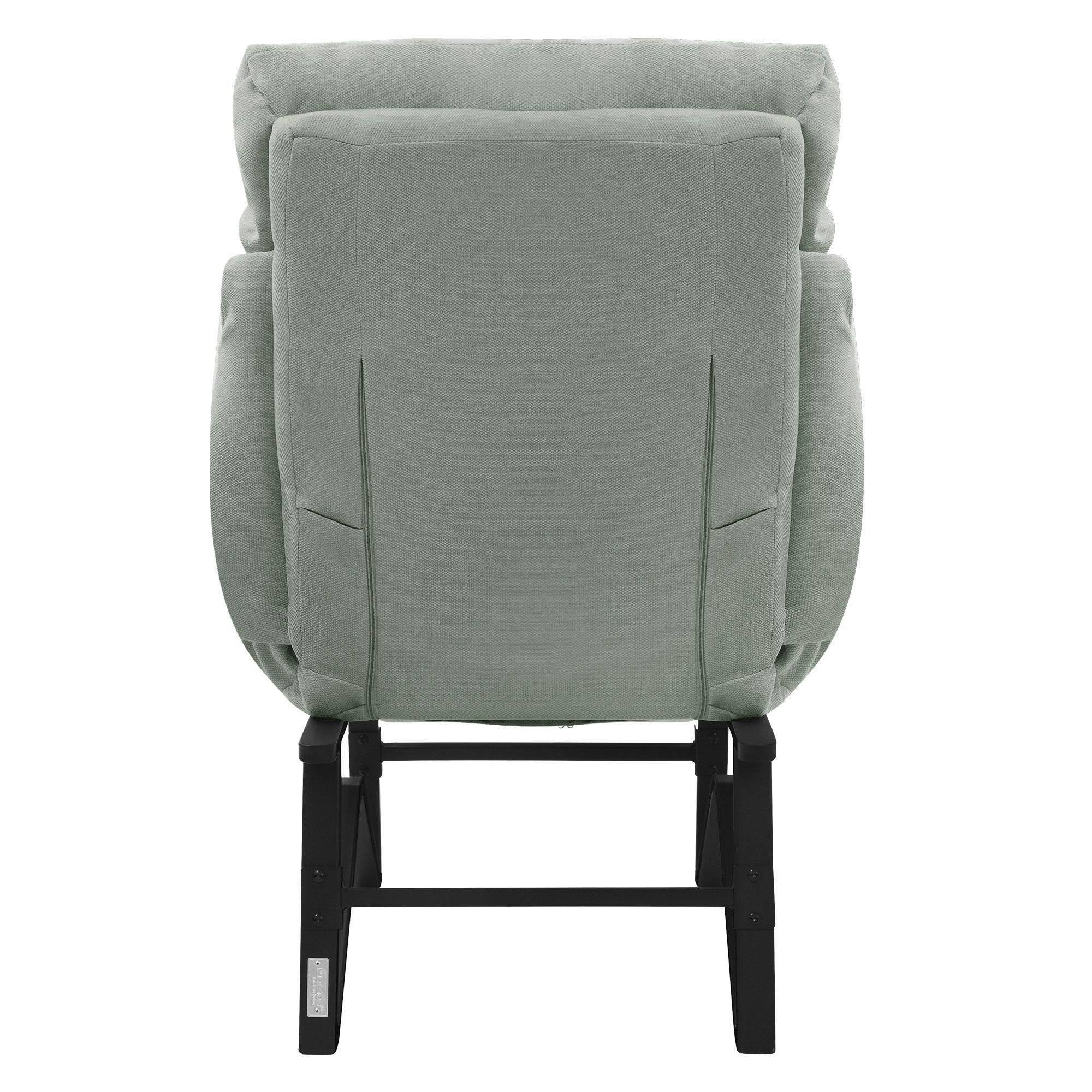 Vista trasera de un sillón verde con respaldo acolchado y patas estables.