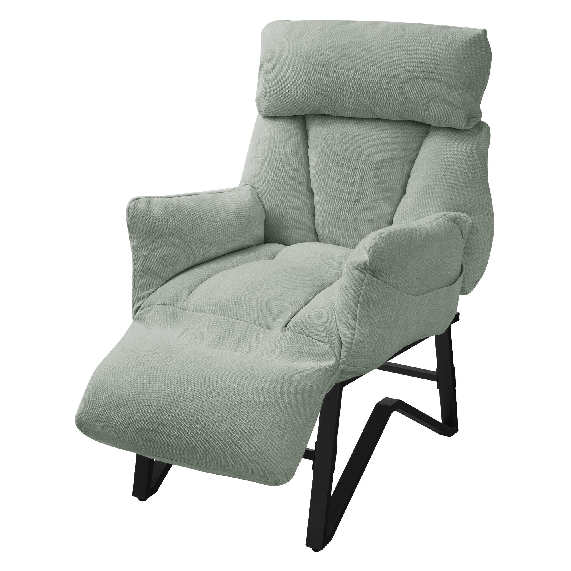 Ein bequemer, grüner Sessel mit Armlehnen und Fußstütze.