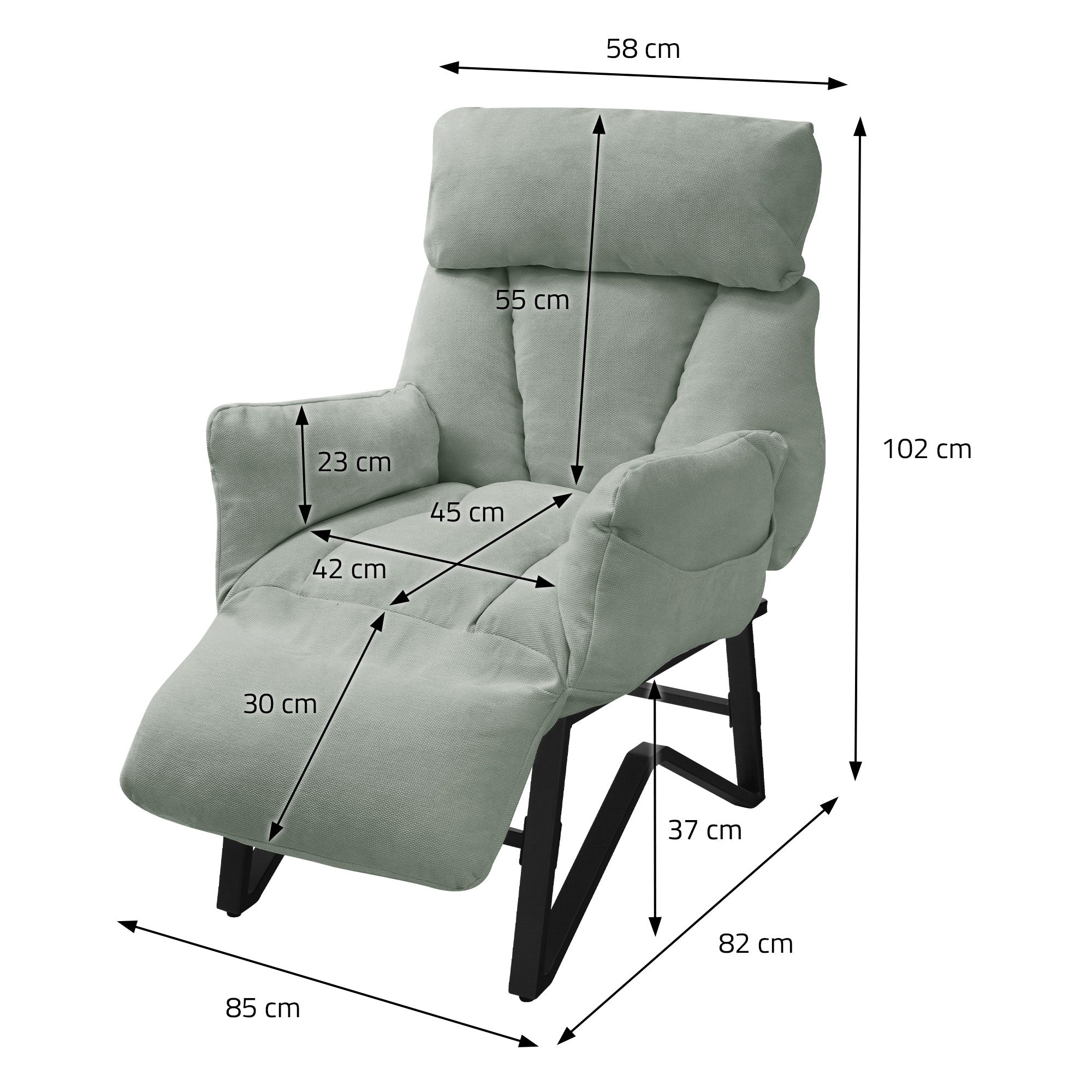 Dibujo de medidas de un sillón reclinable con dimensiones en centímetros.