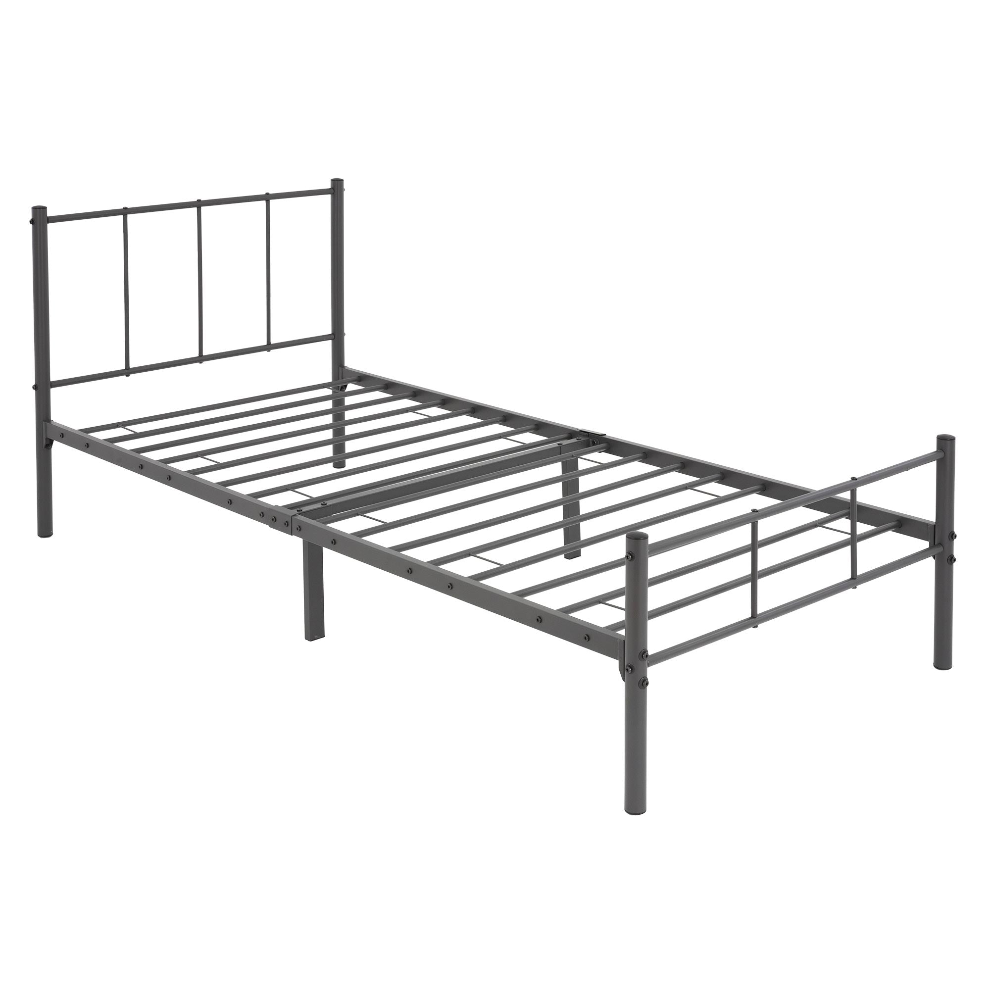 Schwarzes Bettgestell aus Metall ohne Matratze.