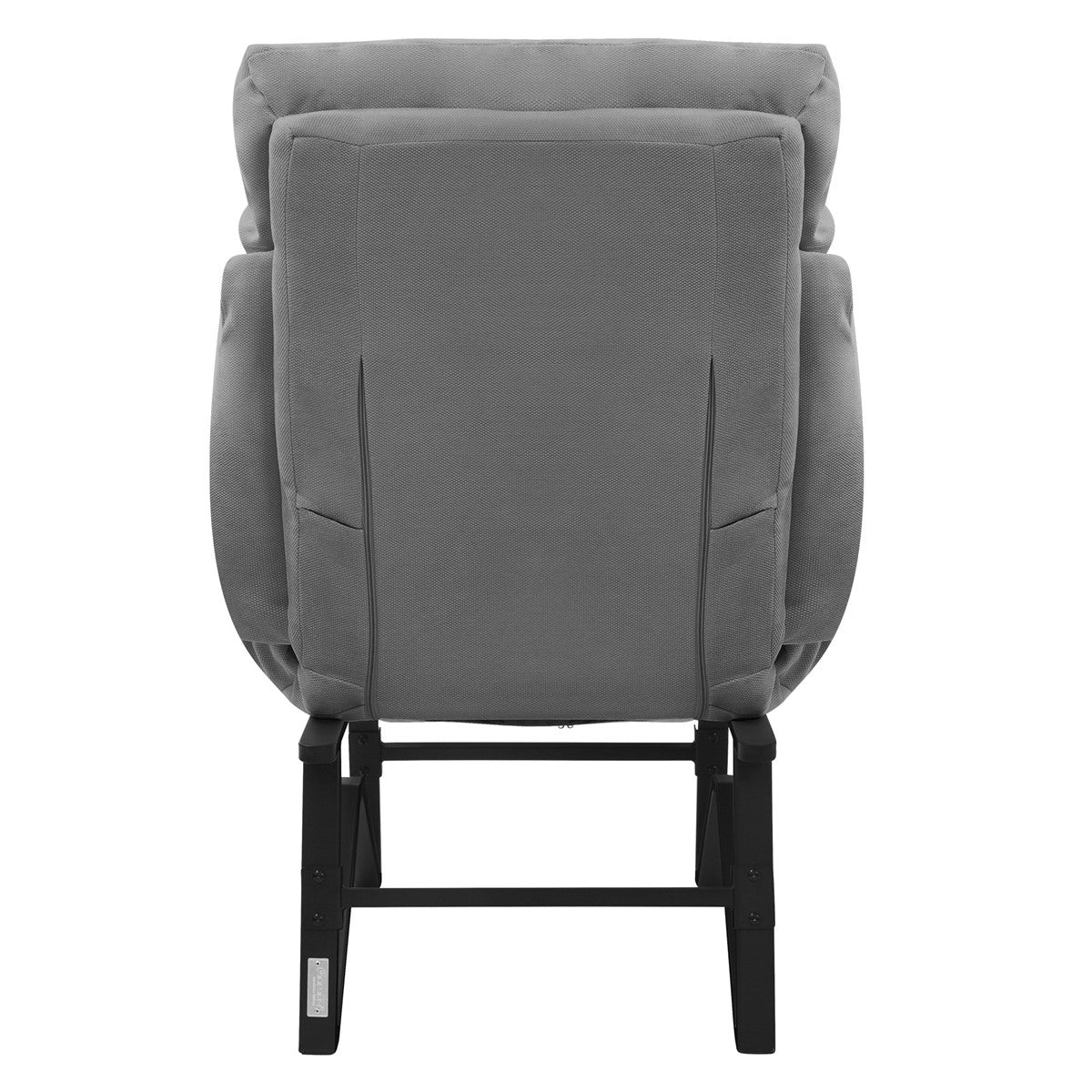Achteraanzicht van een grijze relaxfauteuil op een zwart onderstel.
