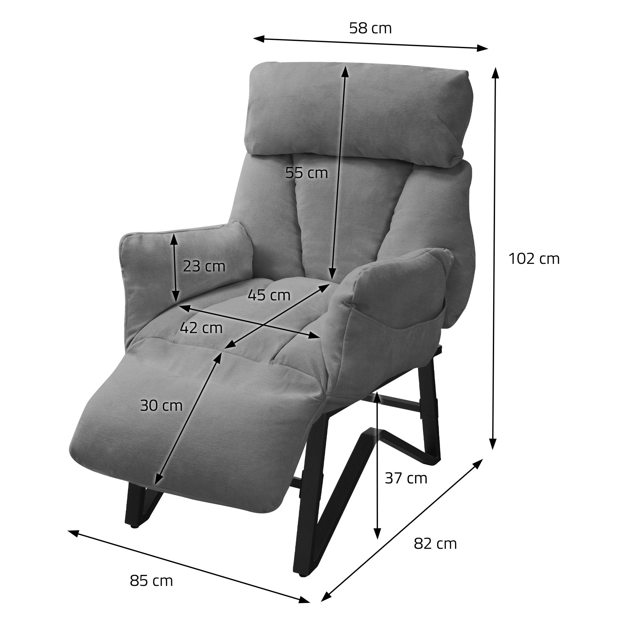 Sillón gris con medidas en centímetros.