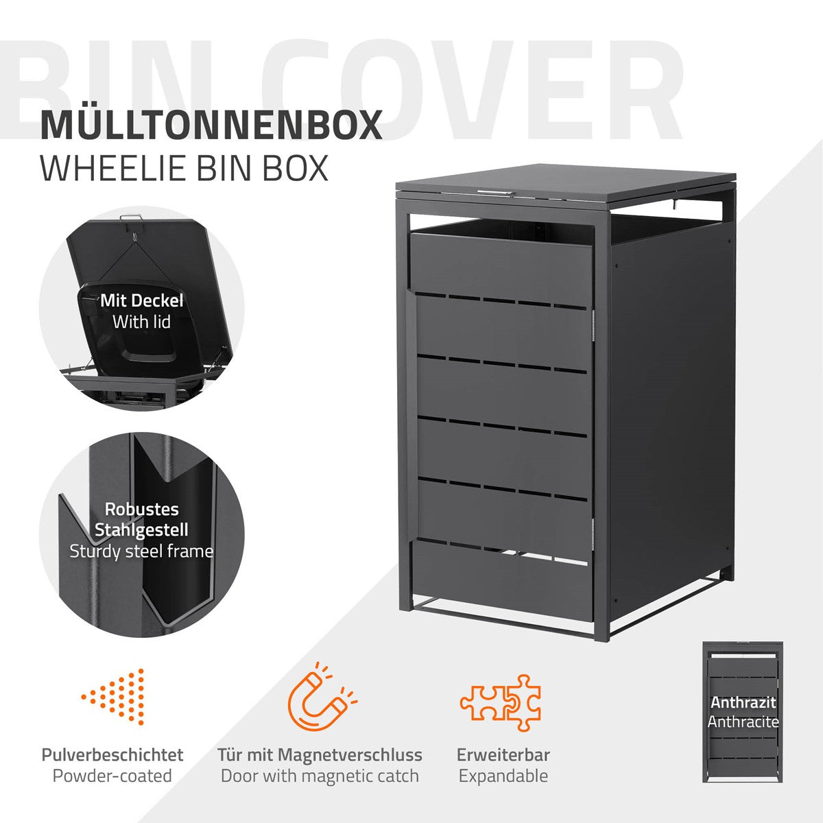 Mülltonnenbox mit Deckel, robustem Stahlgestell und anthrazitfarbener Pulverbeschich