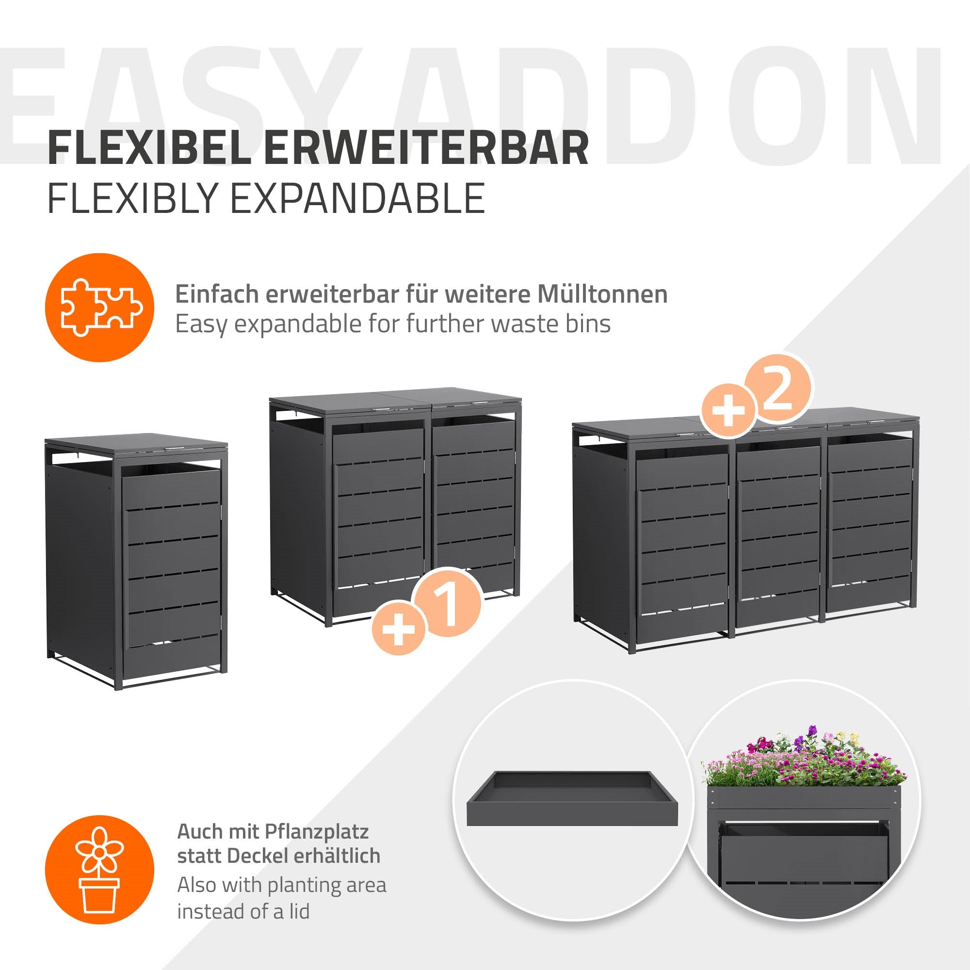 Erweiterbare Mülltonnenbox mit Pflanzplatz und verschiedenen Optionen.
