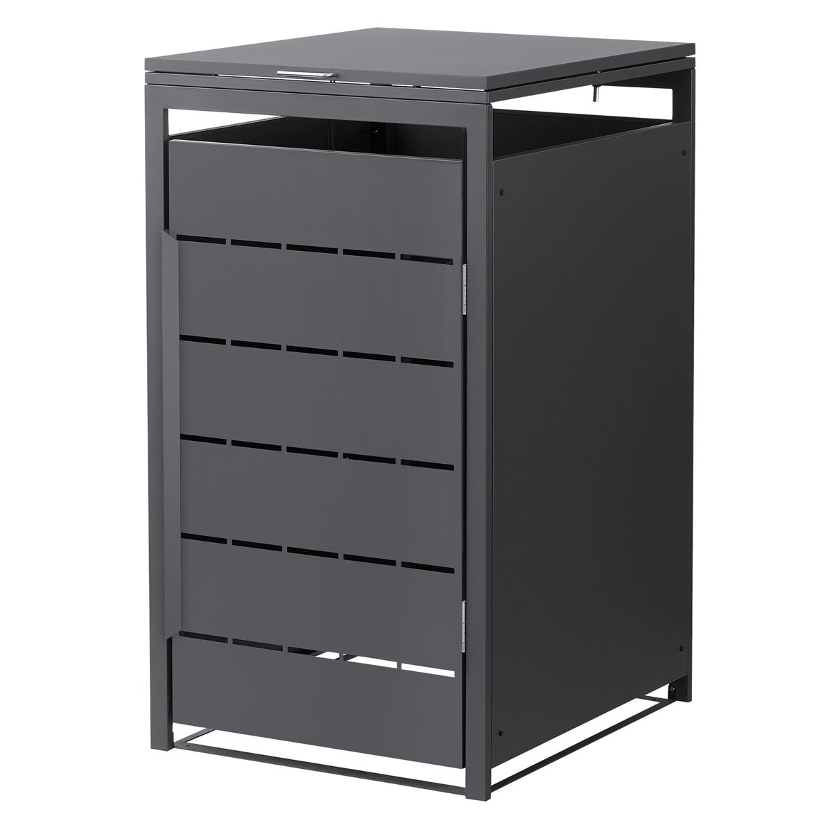 Hohe Mülltonnenbox aus Metall mit horizontalen Schlitzen.