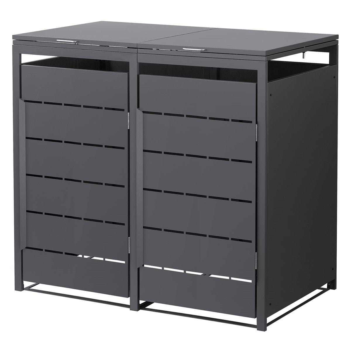 Zwei Mülltonnenboxen mit horizontalen Schlitzen und Metallrahmen.
