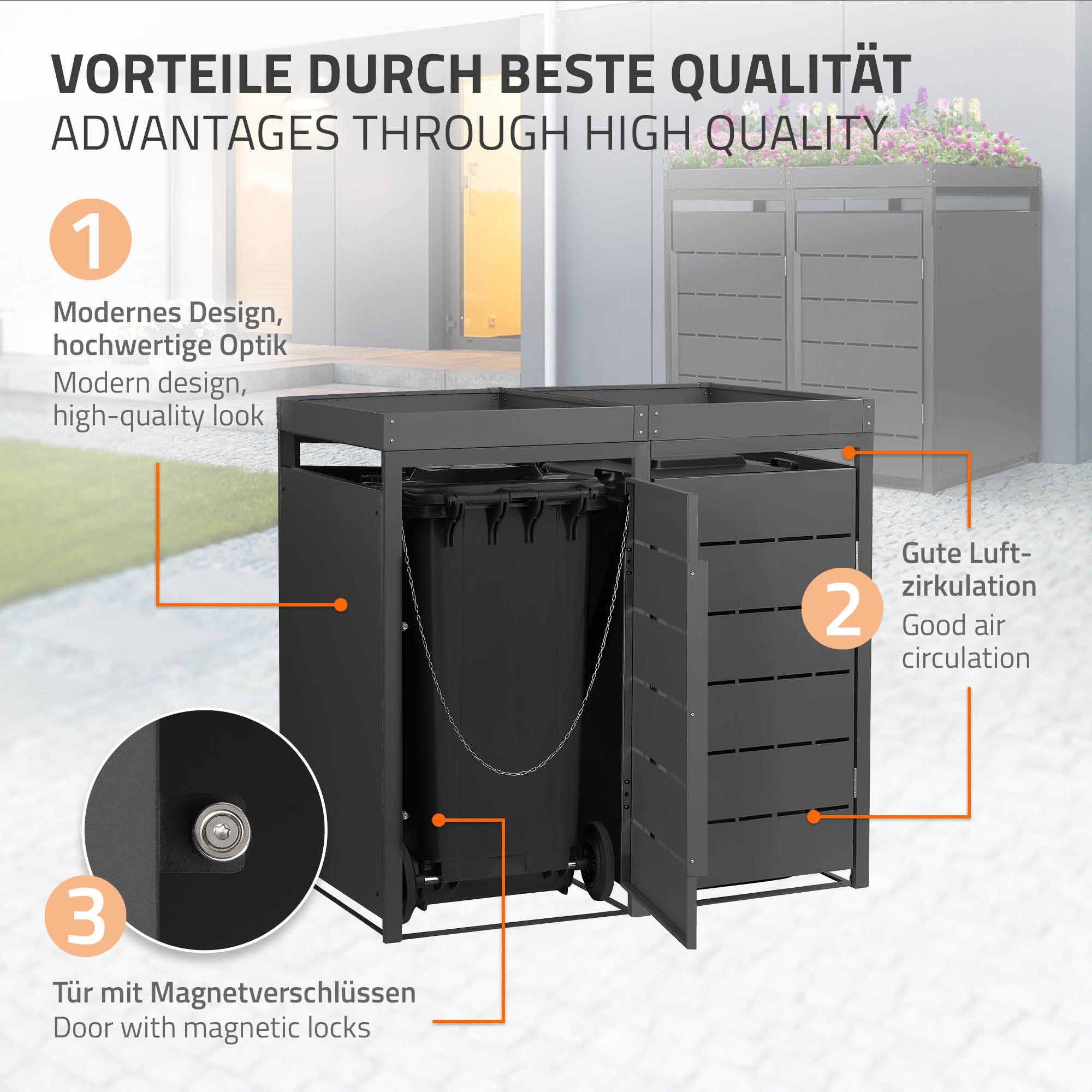 Mülltonnenbox mit guter Luftzirkulation und Magnetverschlüssen.