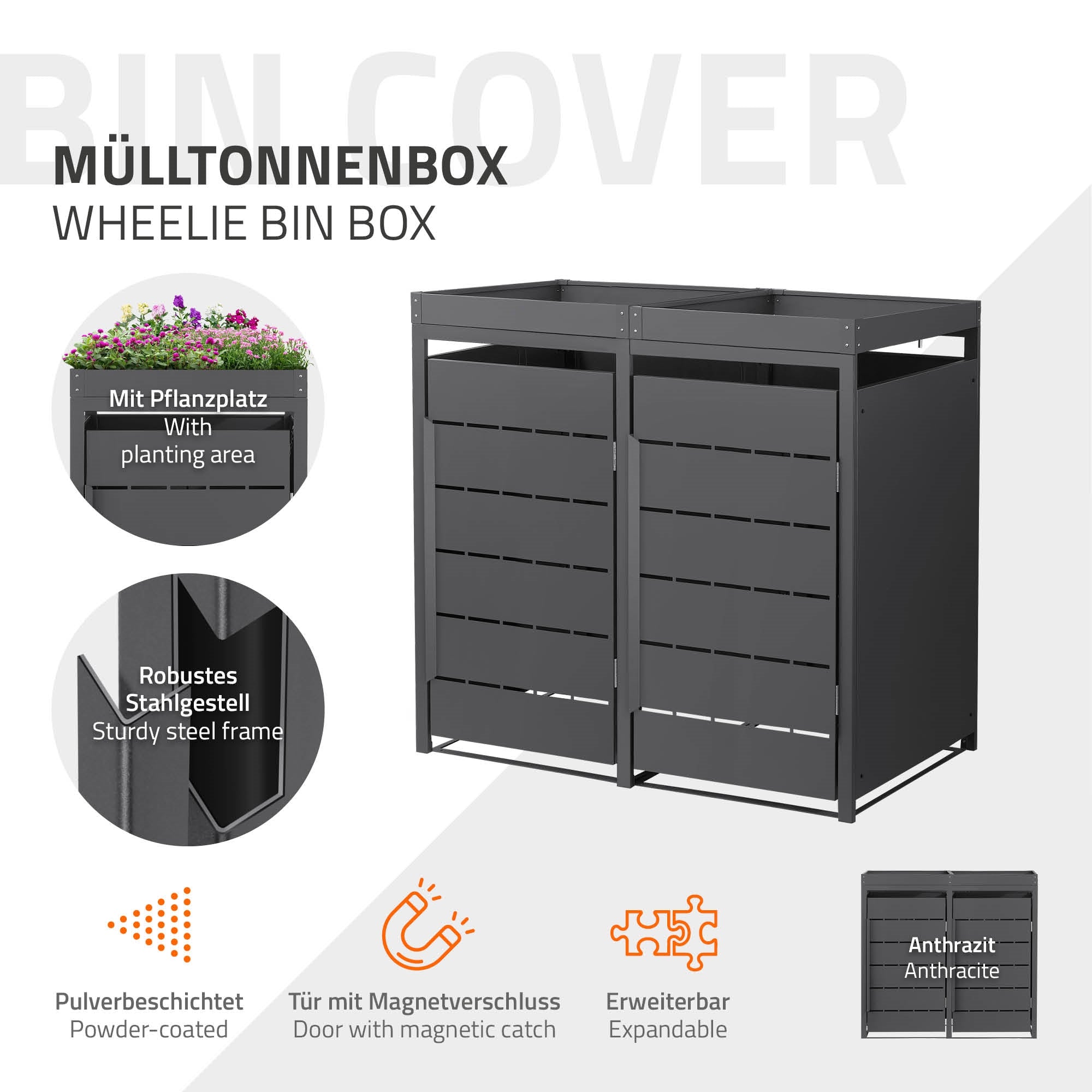 Mülltonnenbox mit Pflanzplatz und robustem Stahlgestell.