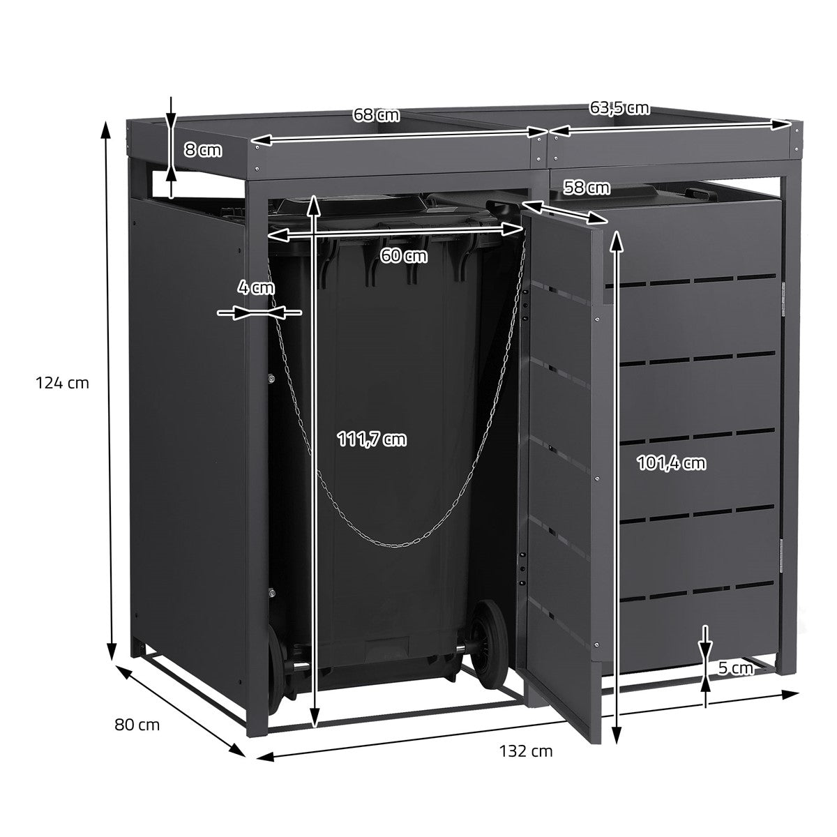 Waste container box with dimensions and two waste containers inside.