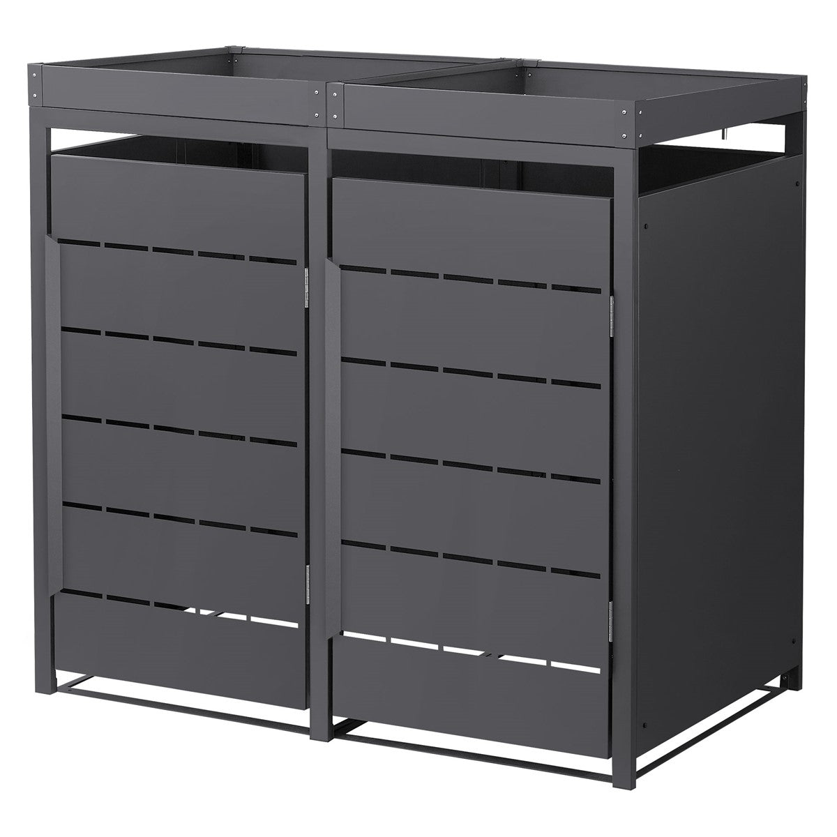 Two waste containers side by side with a gray frame and horizontal slits.