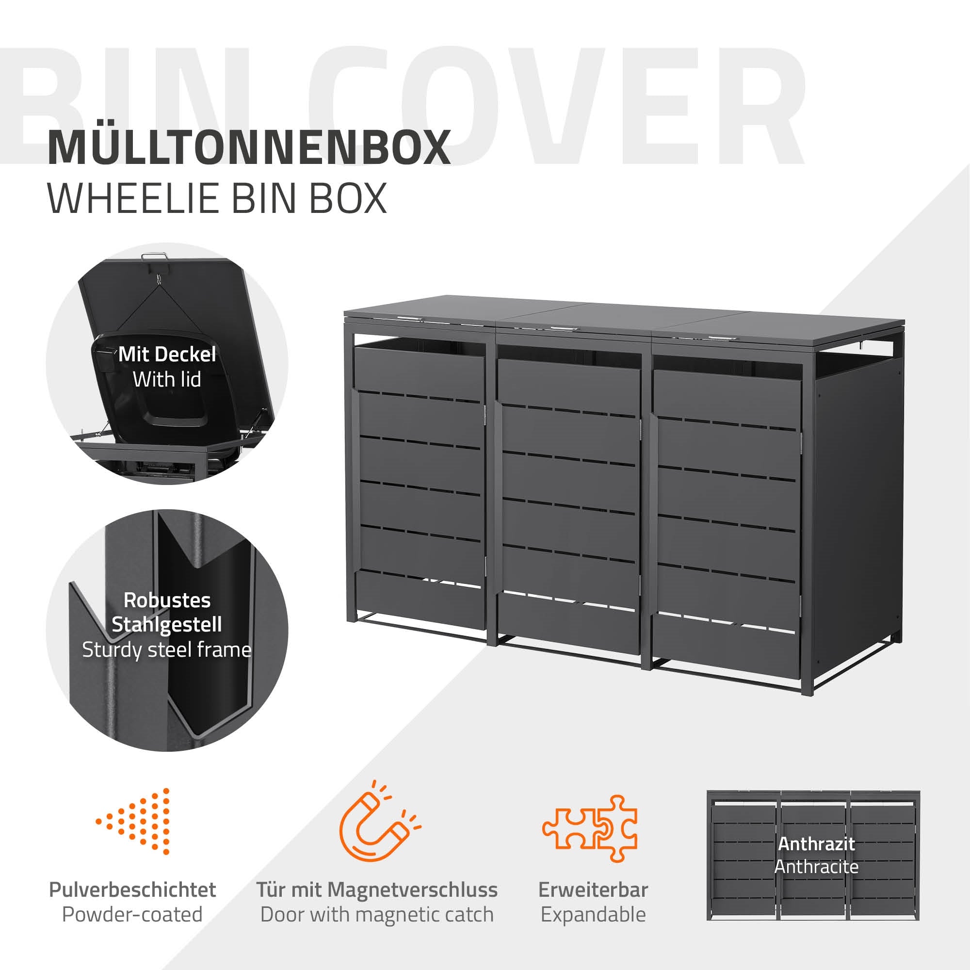Grafik zur Mülltonnenbox, zeigt robuste Materialien und Funktionen.