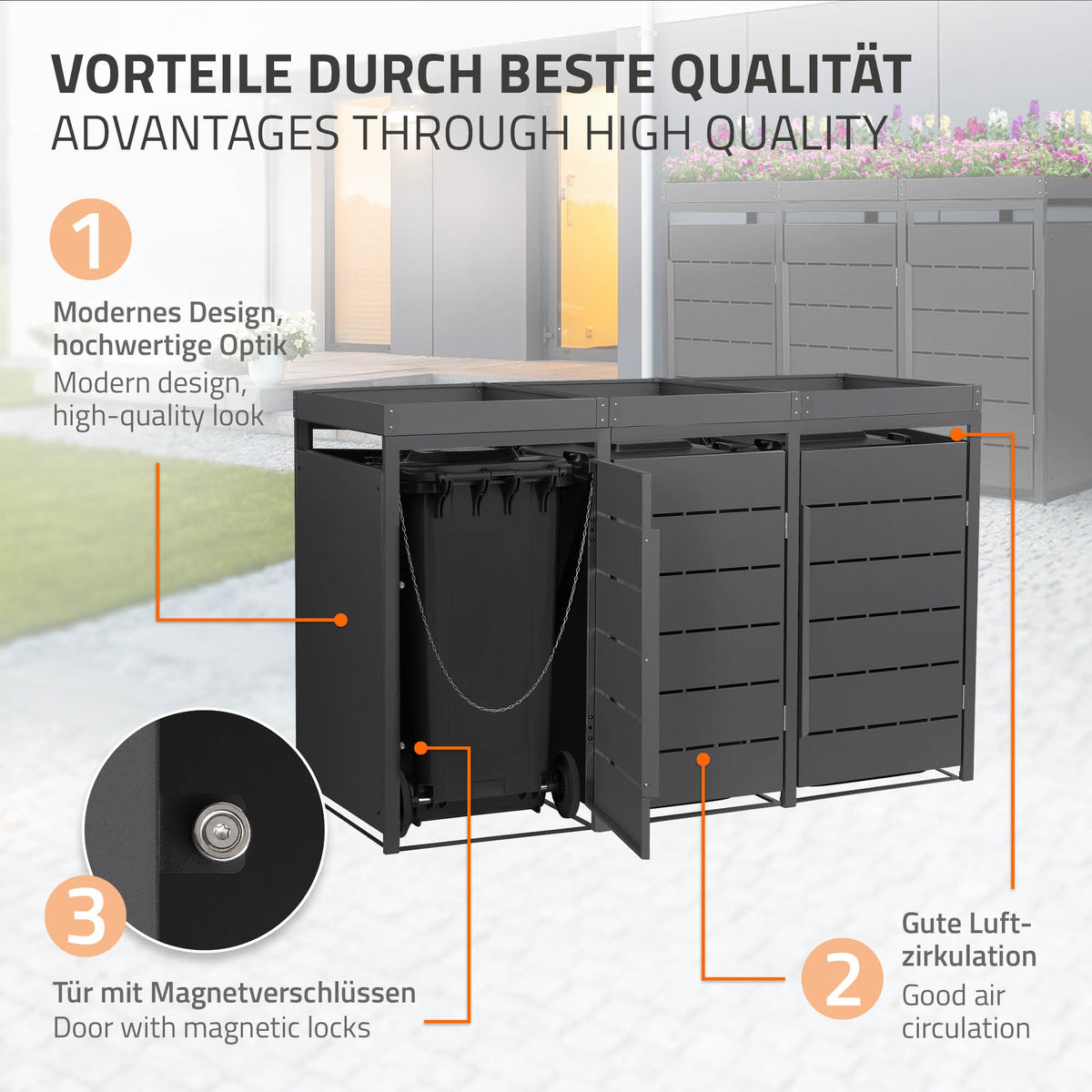 Mülltonnenbox mit modernen Design und Tür mit Magnetverschlüssen.