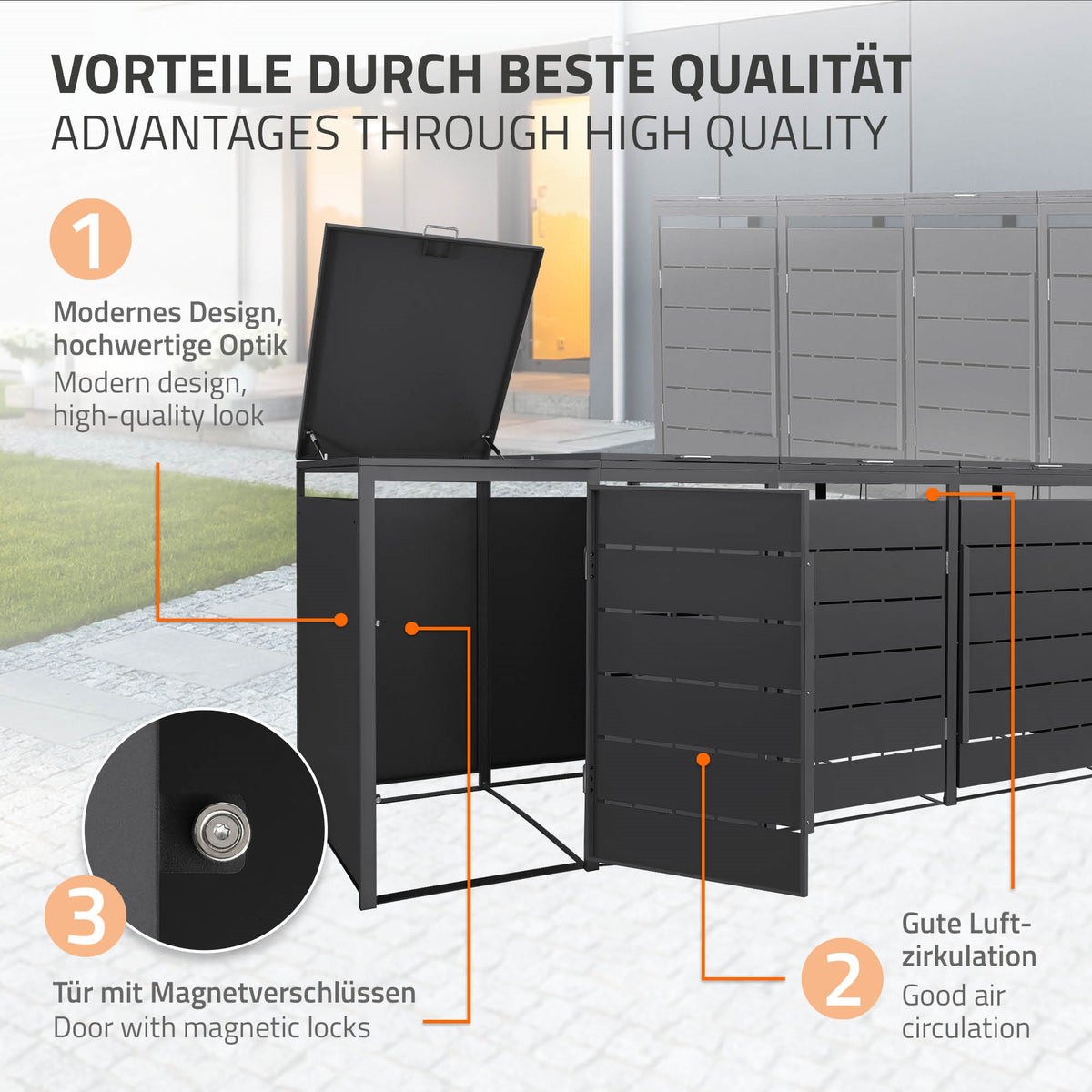 Mülltonnenbox mit modernem Design und Tür mit Magnetverschlüssen.