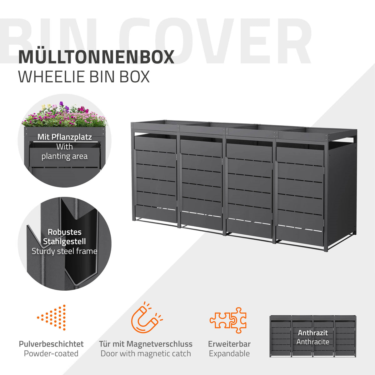 Mülltonnenbox mit Pflanzplatz und robustem Stahlgestell.
