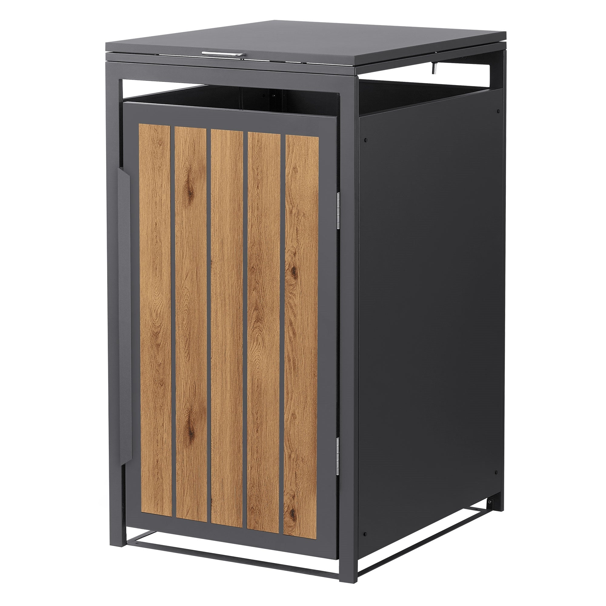 Mülltonnenbox mit Holzverkleidung und offenem Deckel.