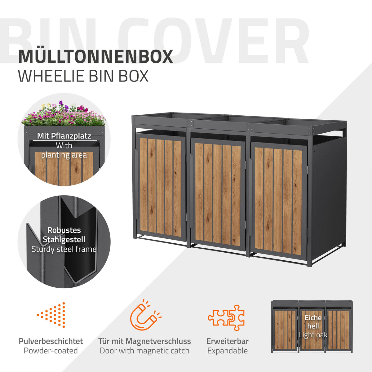 Mülltonnenbox mit Holzfront und Pflanzplatz, robuster Stahlrahmen.