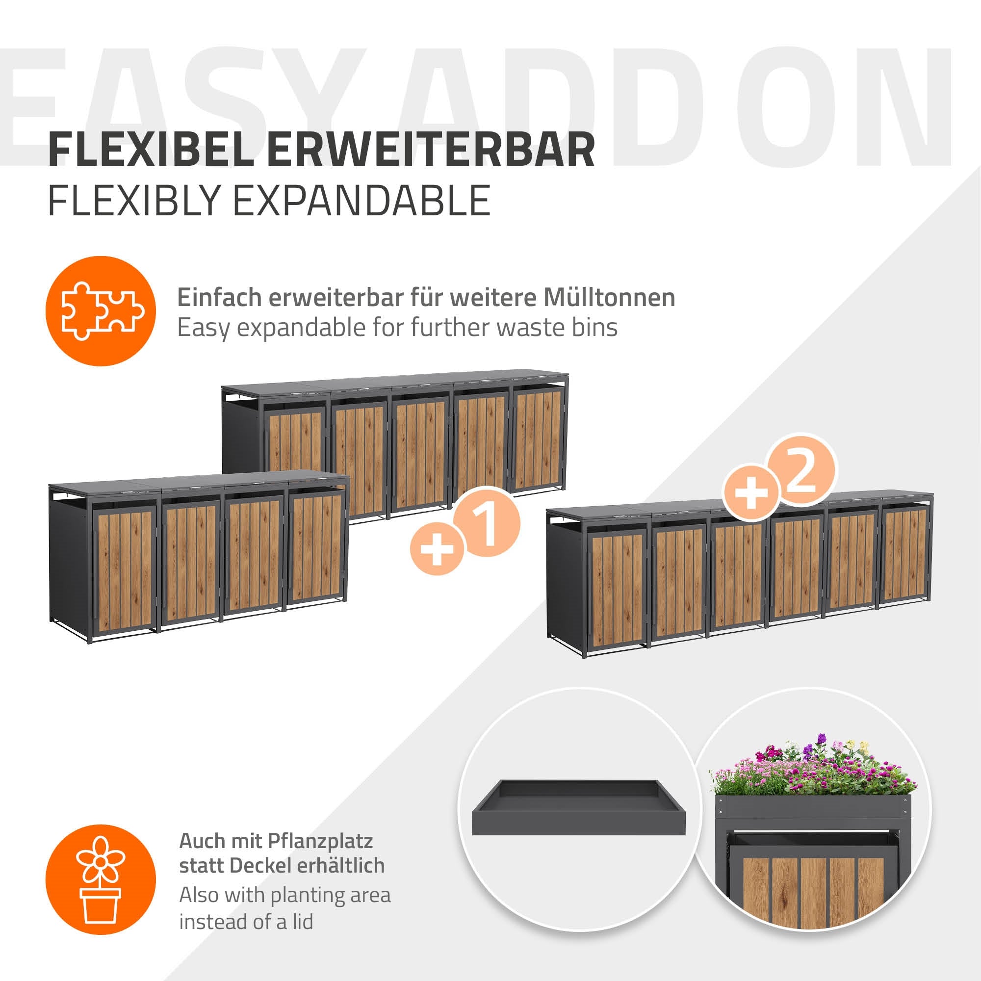 Grafik zeigt erweiterbare Mülltonnenbox mit Platz für Pflanzen.