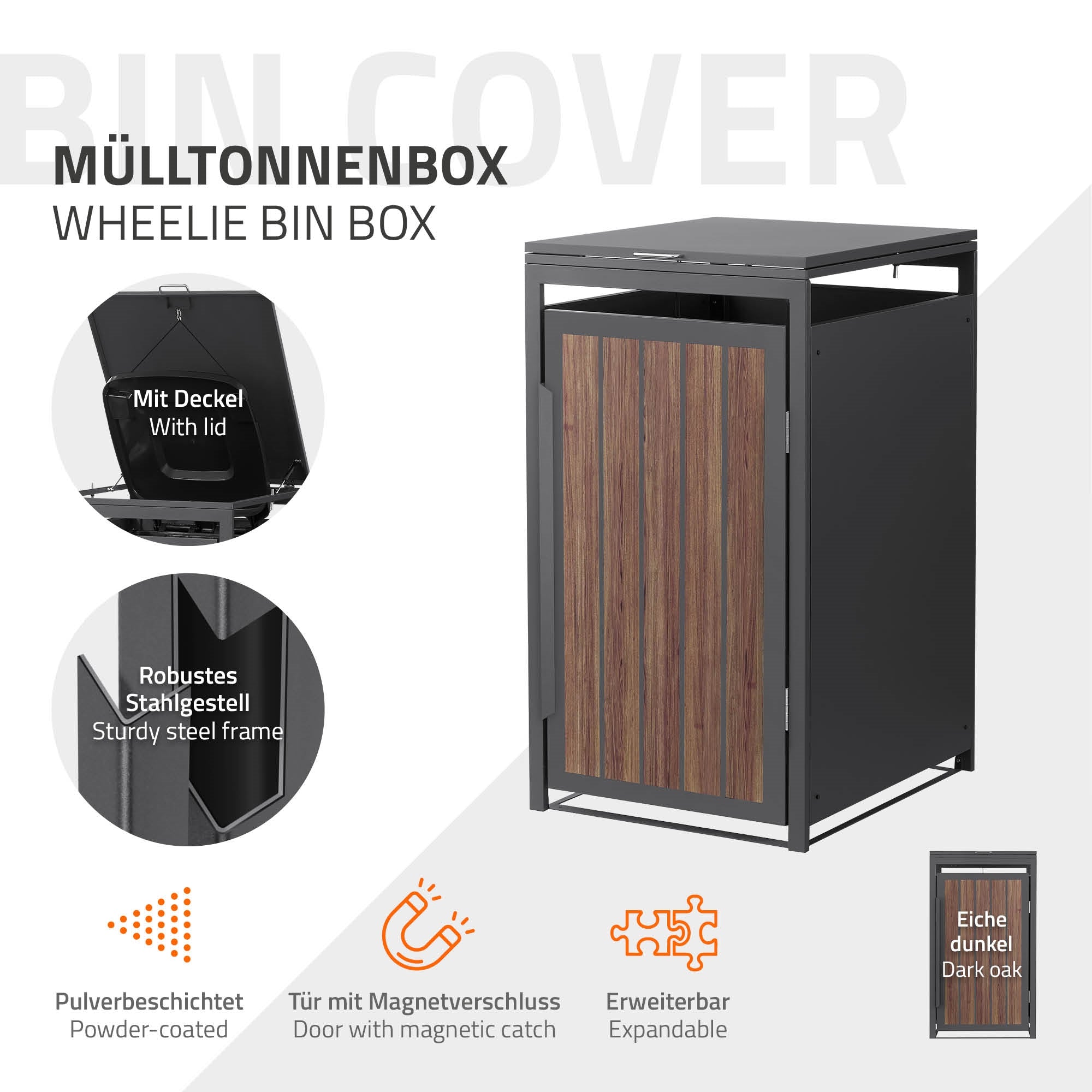 Mülltonnenbox mit Holzfront und stabiler Stahlrahmen.